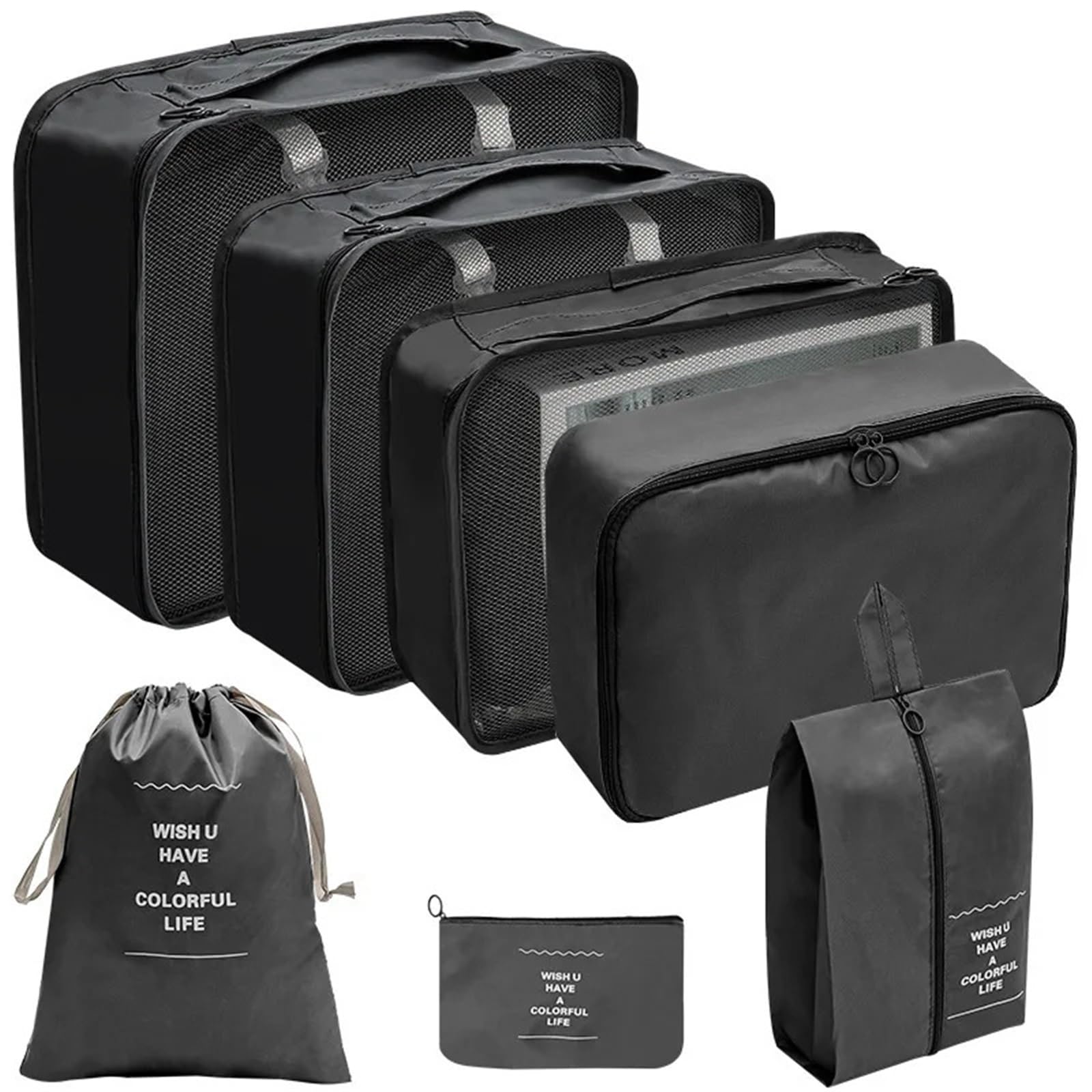 BHOUTY 7pcs Travel Storage Bag Suitcase Luggage Clothes Sorting Organizer Set Portable Wardrobe Shoe Pouch(7pcs Black)