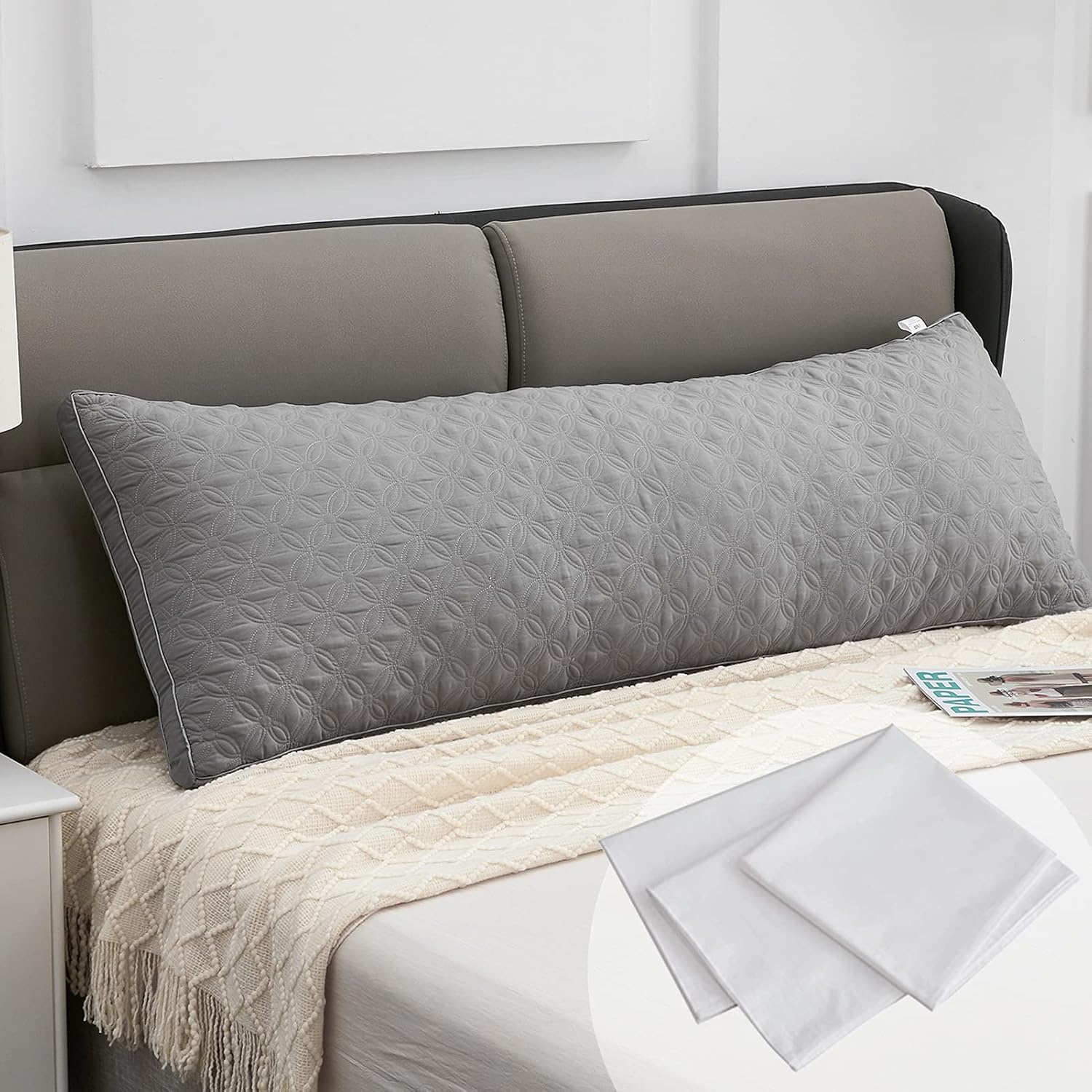 Lipo Quilted Full Body Pillow - Premium Adjustable Pillows for Comfortable Sleep with 100% Cotton Pillowcase - Soft & Supportive for Back and Side Sleepers - Grey - 21"×54"
