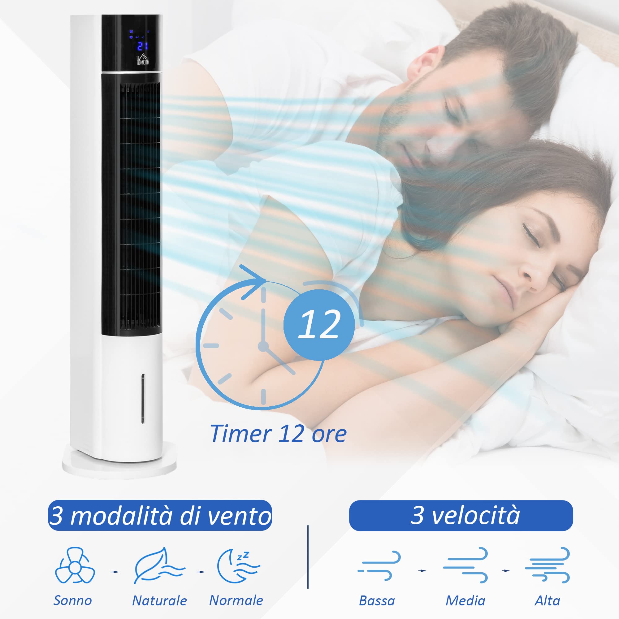 HOMCOM Ventilatore a Torre Raffrescatore Evaporativo 3 Modalità e 3 Velocità, Raffreddatore d'Aria Portatile con Timer, Oscillazione e Telecomando, 60W, Bianco