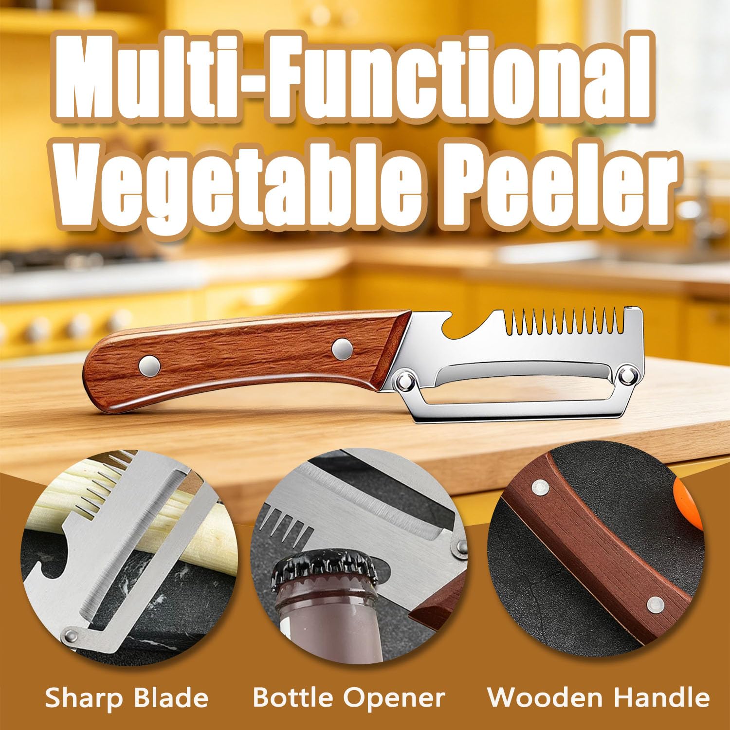 2Pcs Multi Functional Vegetable Peeler for Kitchen, with Bottle Opener and Wooden Handle, 3-in-1 Stainless Steel Kitchen Tool for Fruit Potato Pumpkin(3 in 1) — view 2