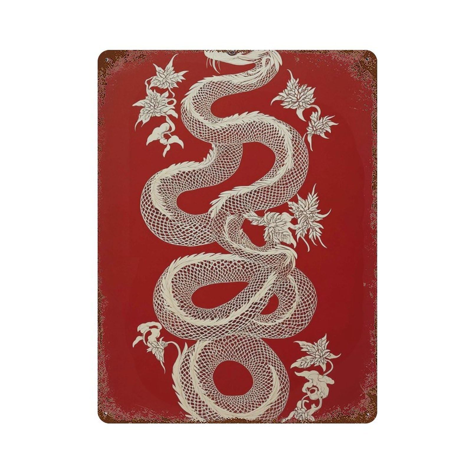 xiaoxiaoshen Red Dragon Oriental Serpent with White Detailing Asian Mythology Inspired Modern Wall Decor Art Metal Tin Poster Modern Home Decor Art Home Bar Shop Decorations Vintage Sign 40x30cm