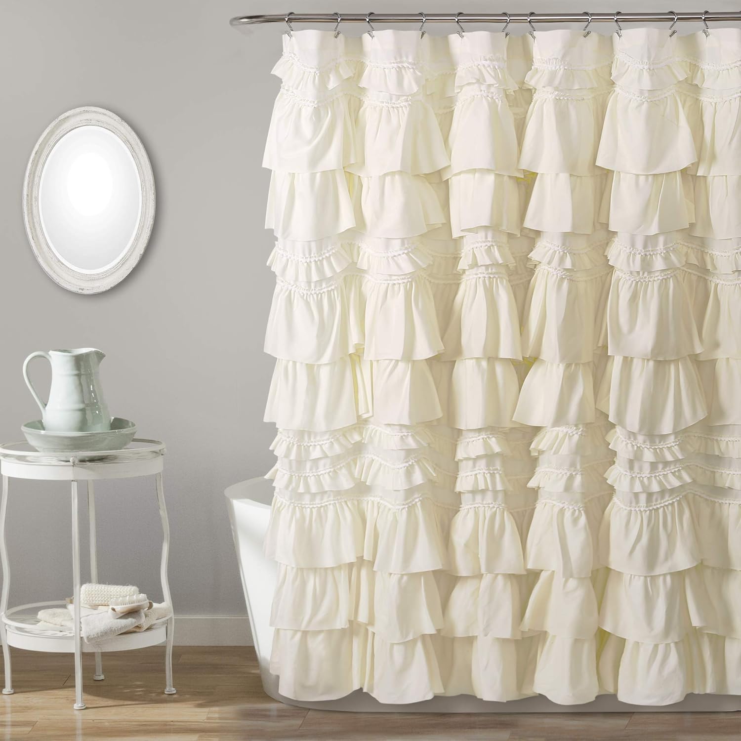 Lush Decor Kemmy Ruffled Shower Curtain, Single, 72" W x 72" L, Ivory - Bathroom Curtain - Fabric Shower Curtains for Bathroom - Coquette Decor