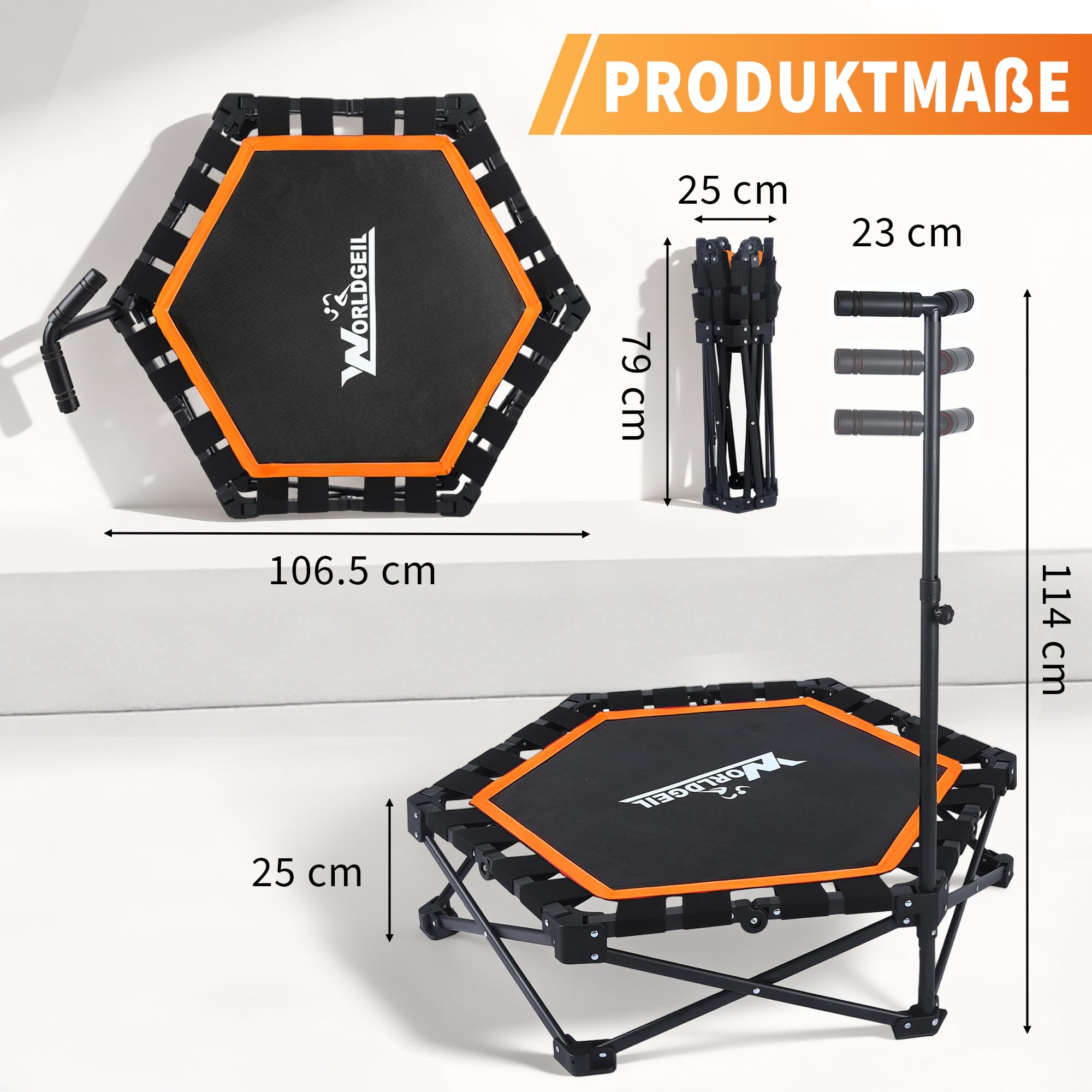 Trampolin Indoor Klappbar - Mini Trampolin mit Höhenverstellbarer Handgriff - Tragkraft 150 kg - Ø 86.5 cm - Jumping Trampolin Fitness für Erwachsene & Kinder - Sport Geräte für Zuhause