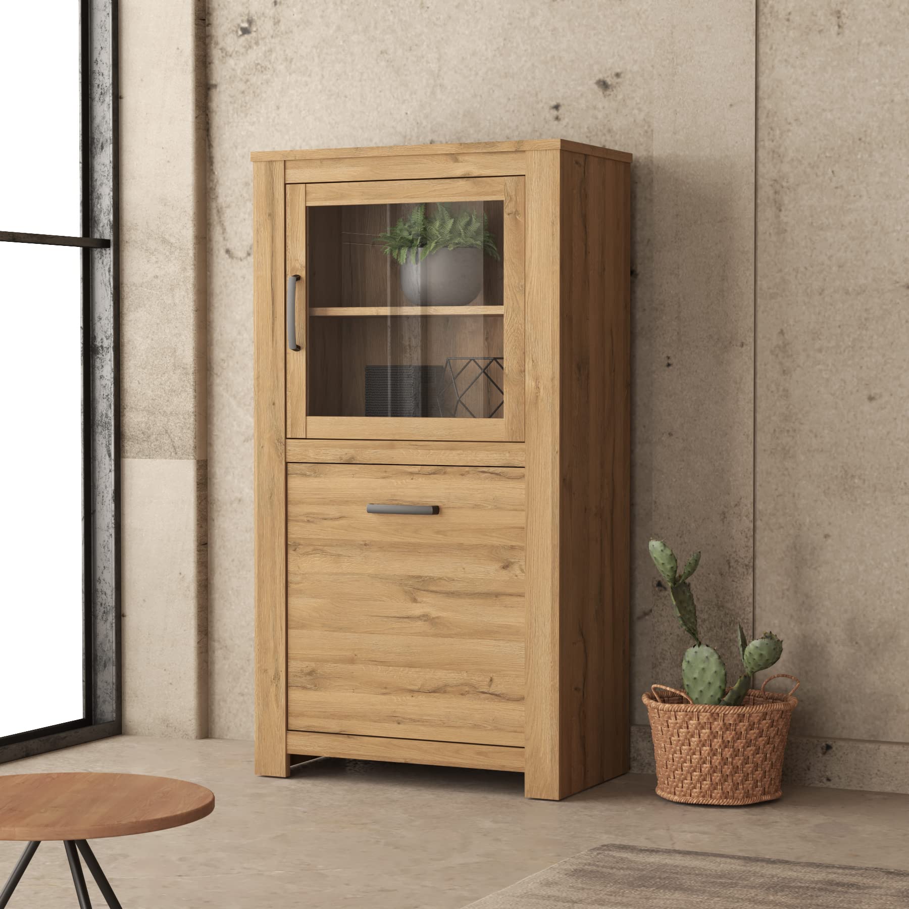 FORTE Havanna Vitrine rechts mit 2 Türen und 1 Glastür, Holzwerkstoff, Alteiche, B x H x T: 77 x 143,7 x 42,2 cm