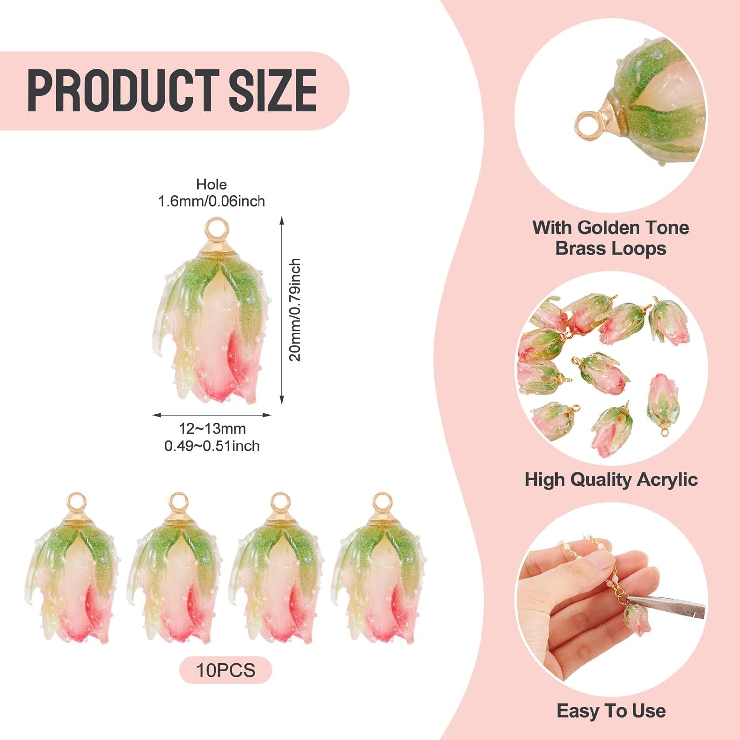 Craftdady Flower Bud Jewelry Charms Rose Flower Acrylic Dangle Pendants Floral Bracelet Keychain Charms Hang Ornament for DIY Craft Necklace Jewelry Making - Image 4