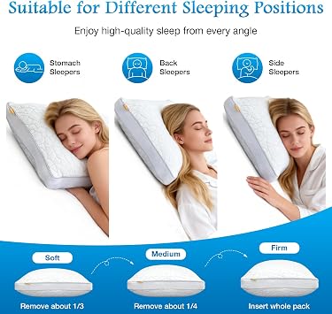 Adjustable Dual-Core Shredded Memory Foam Pillow 40x60cm– Bamboo Cover, Breathable Mesh Panels & Removable Washable Case – Customizable Height for Back, Side & Stomach Sleepers