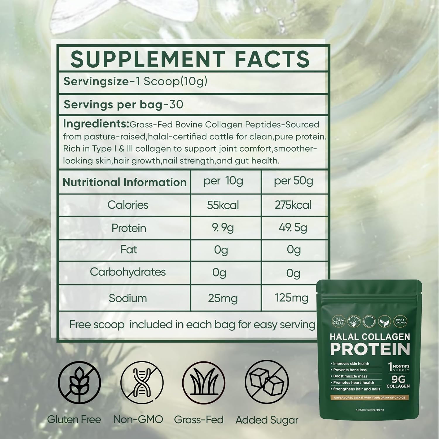 Halal Collagen Protein Powder, Grass-Fed Collagen Peptides Powder, Type I&III, 100% Hydrolyzed for Hair, Skin, Nails, Gut, Bone & Joint Health for Women and Men, Sugar Free, Unflavoured (1) - Image 2