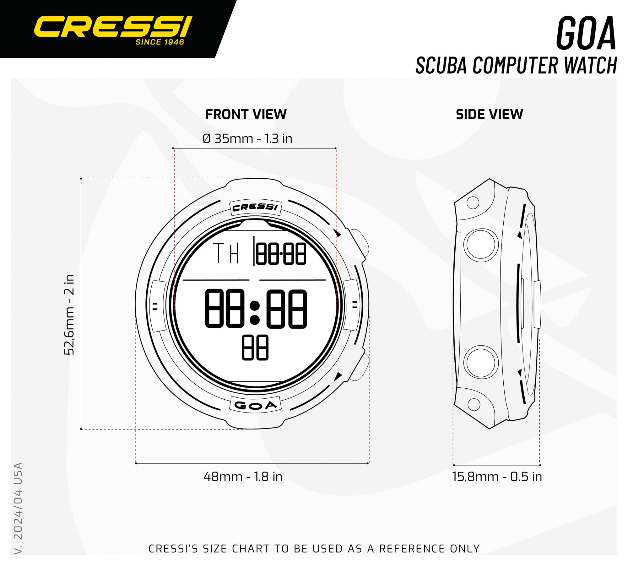 Cressi GOA Orologio Computer Subacqueo – Made in Italy – Modalità Scuba, Apnea e Gauge – Display ad Alto Contrasto, 120m Impermeabile – Batteria Lunga Durata, Indicatore CNS O₂