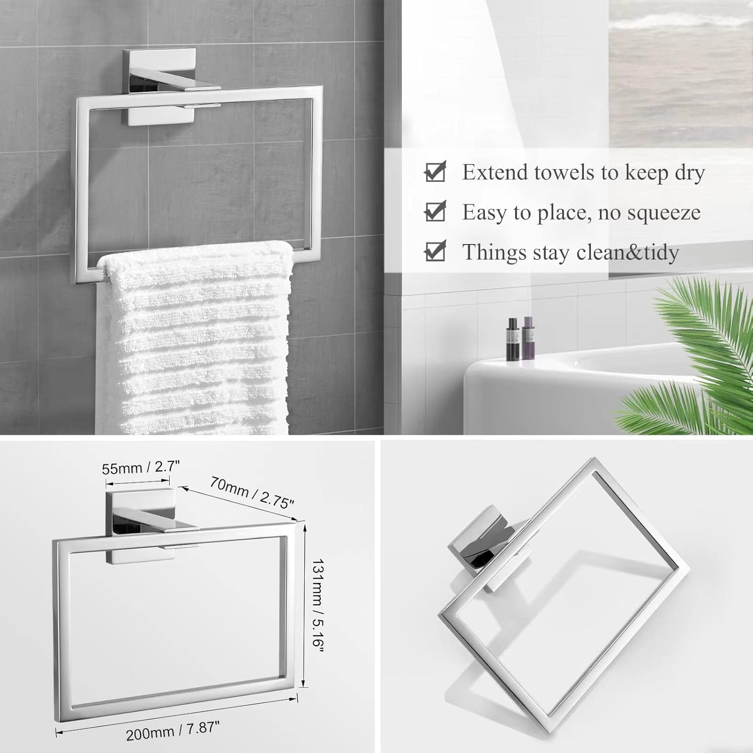TURS 5-Piece Bathroom Hardware Set Polished Chrome Towel Bar Sets Towel Ring Toilet Paper Holder and 2 Towel Hooks, Stainless Steel Wall Mounted