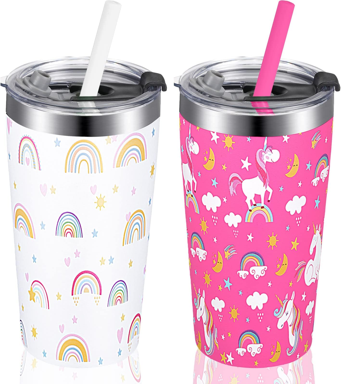 Shellwei 2 Pack Kids Cups with Lids and Straws Toddler Smoothie Cup with Rainbow Unicorn Pattern Leak Proof Spill Proof Straw Cups for Girls Stainless Steel Insulated Tumbler for Hot Drink (12 oz)