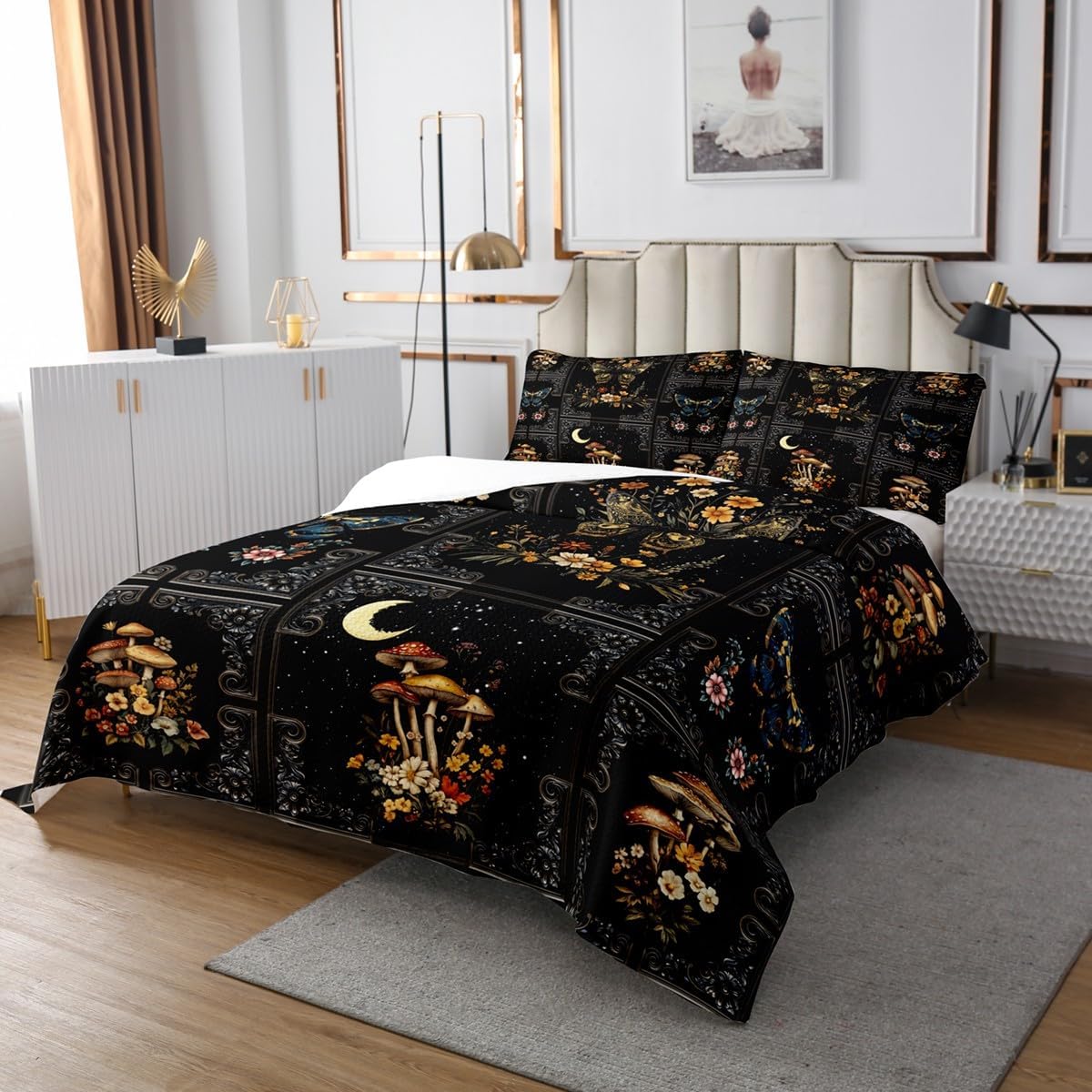 Castle Fairy Gothic Moth Bedspread King Size,Colorful Mushroom Butterfly Floral Quilt Set with 2 Pillowcases,Vintage Baroque Black Lace Plaid Microfiber Coverlet Set for Children Adult,Breathable