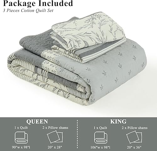 Miniatura 4 de Colcha tamaño King Juego de edredón gris y blanco con fundas a juego, colcha de diseño floral vintage, colcha de 3 piezas 100% algodón, ligera,