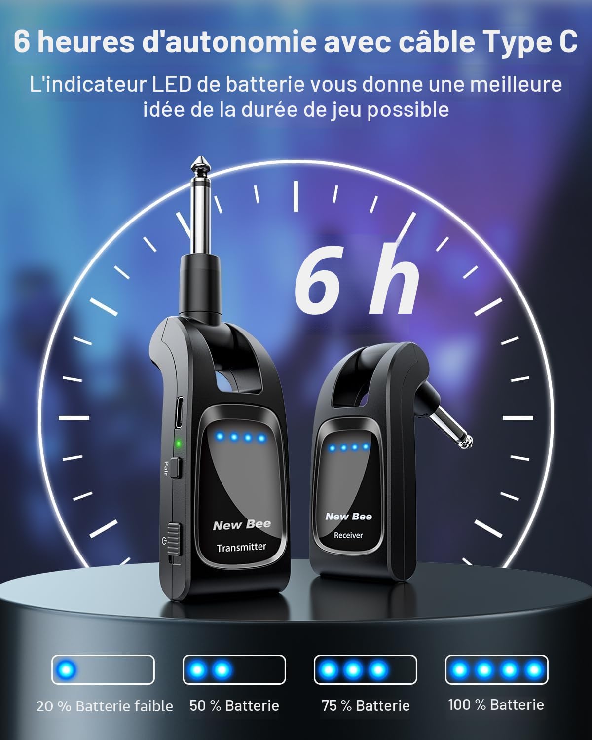 New bee Système de Guitare Sans Fil,New Bee 2.4GHz avec 6 Canaux émetteur Récepteur de Guitare Sans Fil Rechargeable pour Guitares, Basse et Instruments électriques(Nior)
