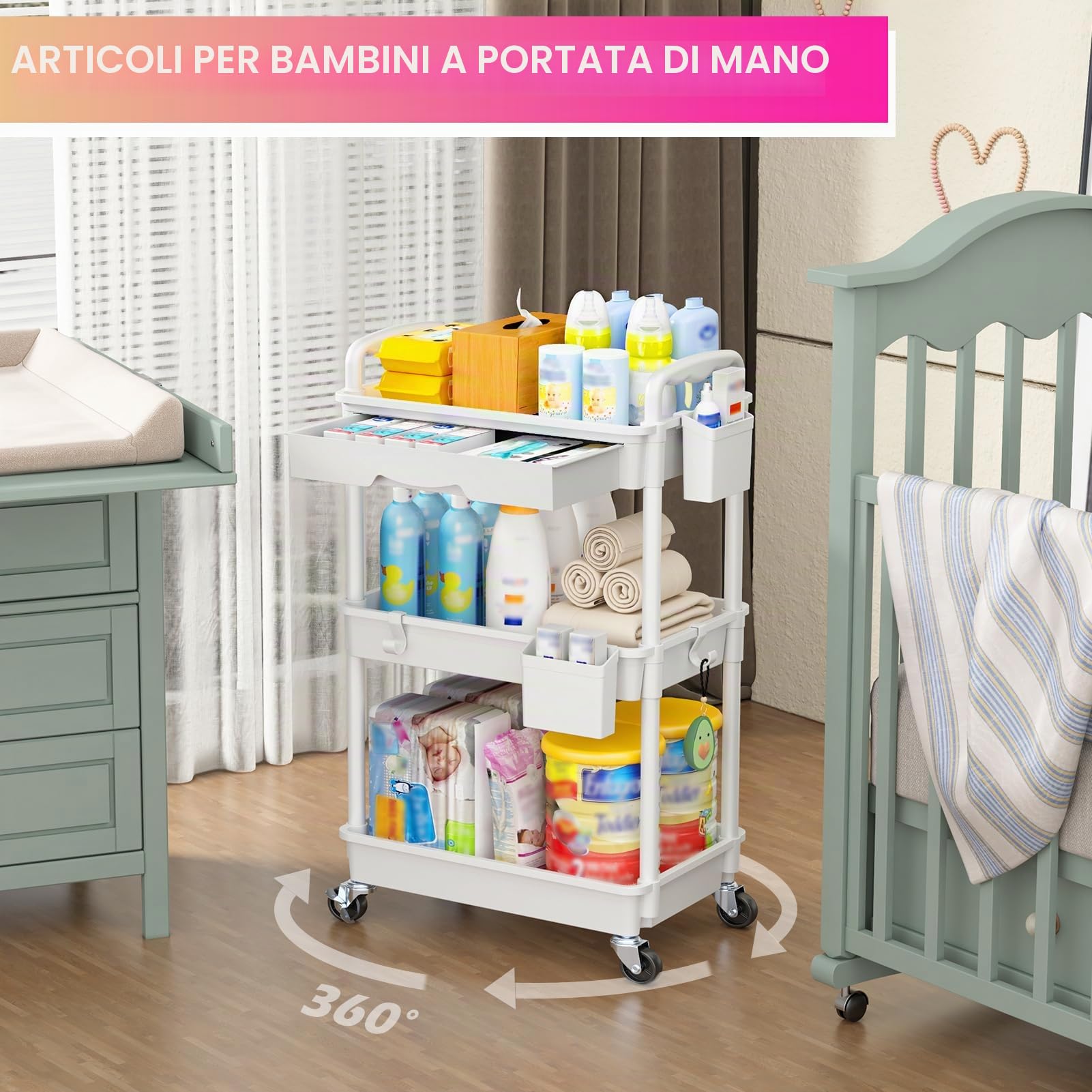 Yeabett Carrello utilitario a 3 livelli con cassetto, mensola in plastica e ruote con bloccaggio, multifunzione per cucina, bagno, ufficio