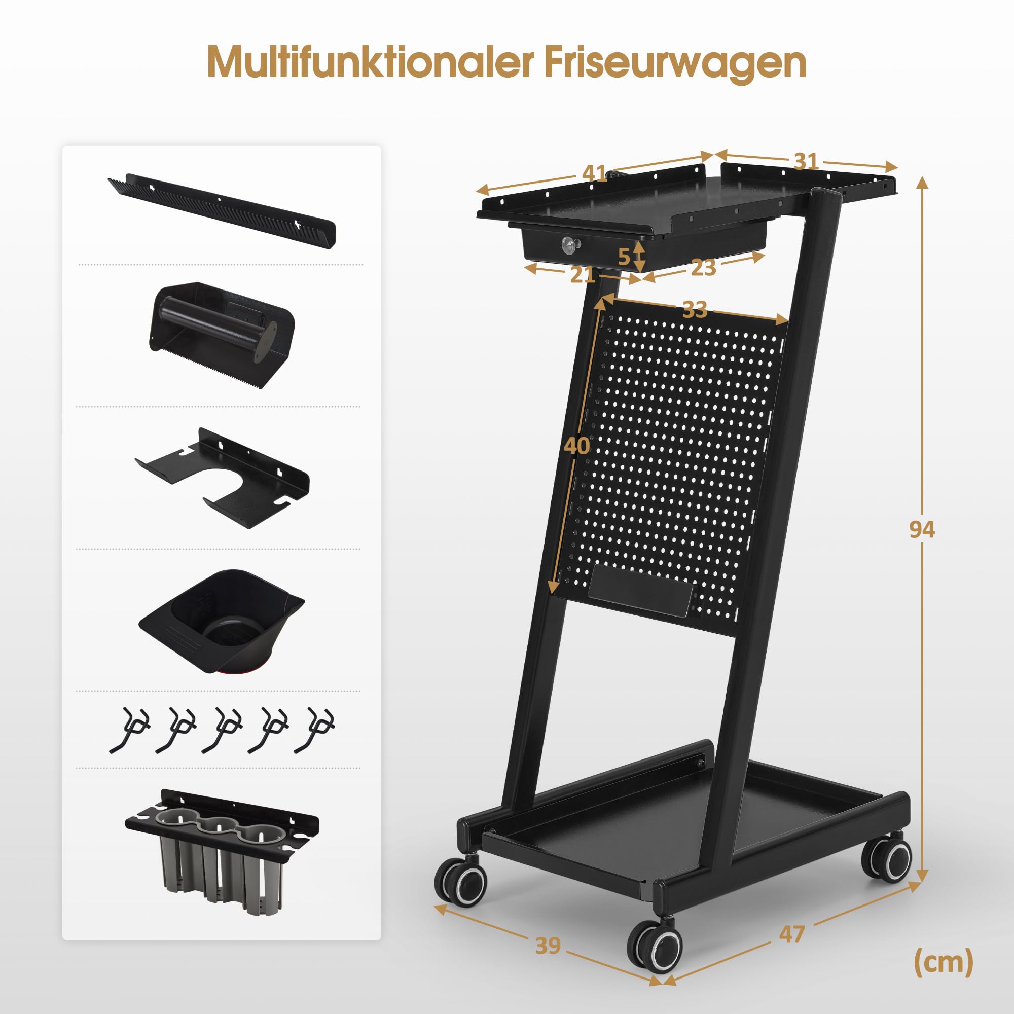 BarberPub Friseurwagen mit Schublade & 2 Ablagen, Friseur Arbeitswagen, Beauty Salon Trolley Metall, Rollwagen 47x39x94cm Schwarz
