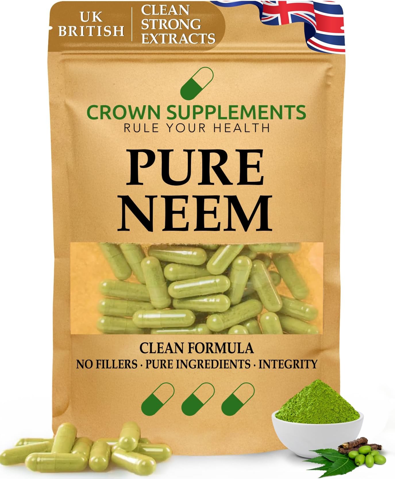 Pure Neem Leaf Capsules | Quality Clean Supplements | Crown Supplements UK (90 Capsules)