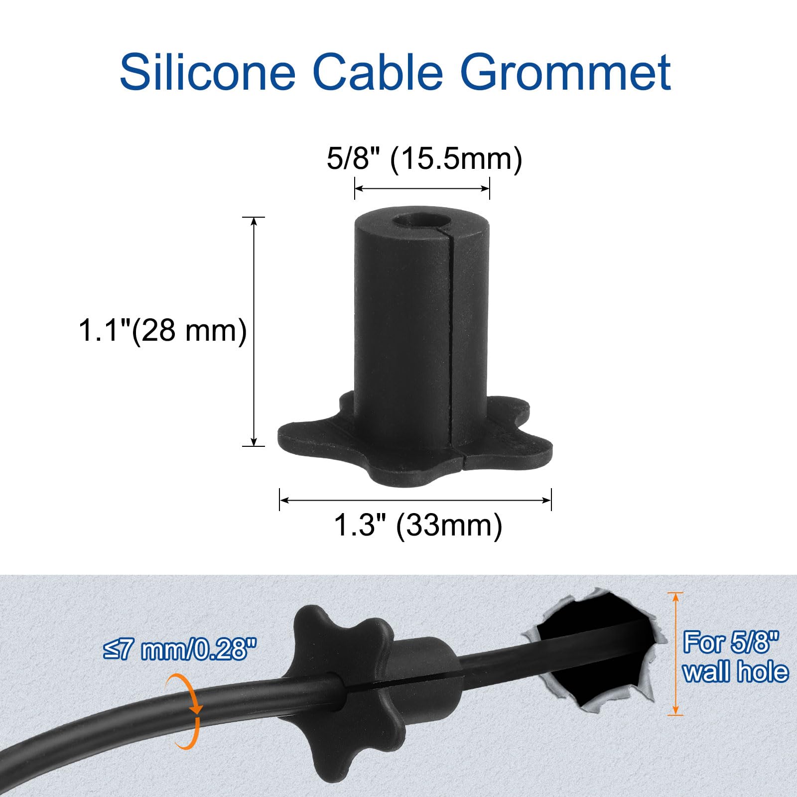 uxcell 2Pcs Cable Grommet for 5/8 Inch Wall Hole, Silicone Cable Routing Kit Anti-Slip Wall Cable Pass Through Accessories for Ethernet Cable (Black)