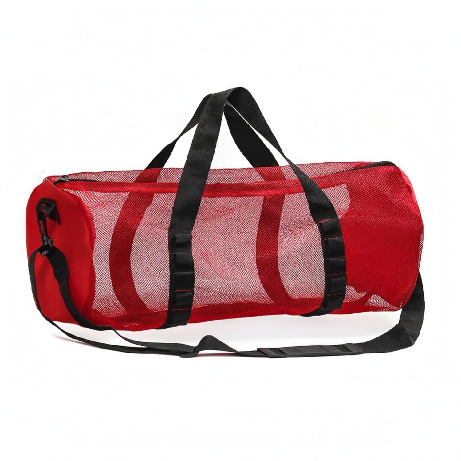 Detachable Shoulder Strap Cylindrical Mesh Bag Solid Textile Panels Zippered Sandproof Beach Tote Zipper Top Mesh Beach Bag Portable for Swimming, Travel, Gym, Toiletry, Red-image-44