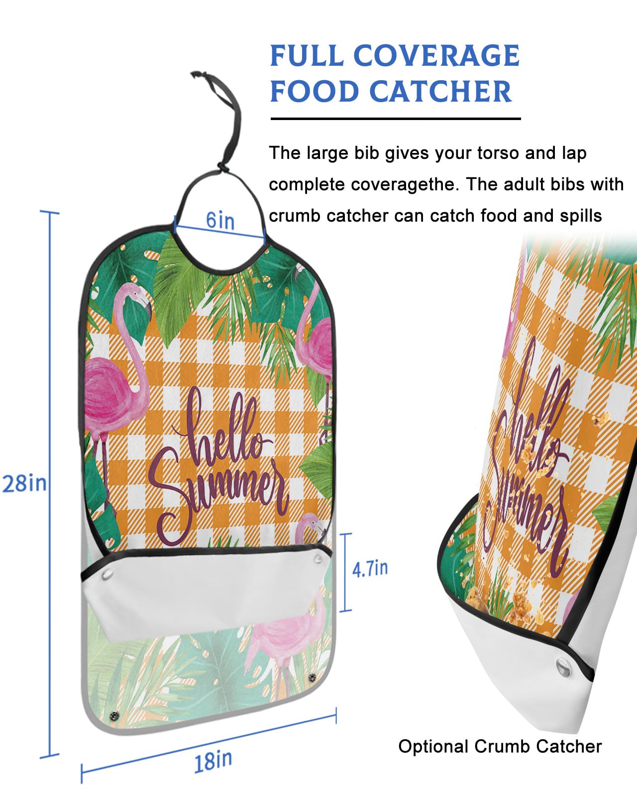 LEOKOTI Summer Tropical Adult Bibs for Eating, Waterproof Bibs with Food Catcher & Adjustable Snap Closure, Flamingo Green Leaves Orange Plaid Clothing Protectors Adult Bibs for Elderly Women/Men