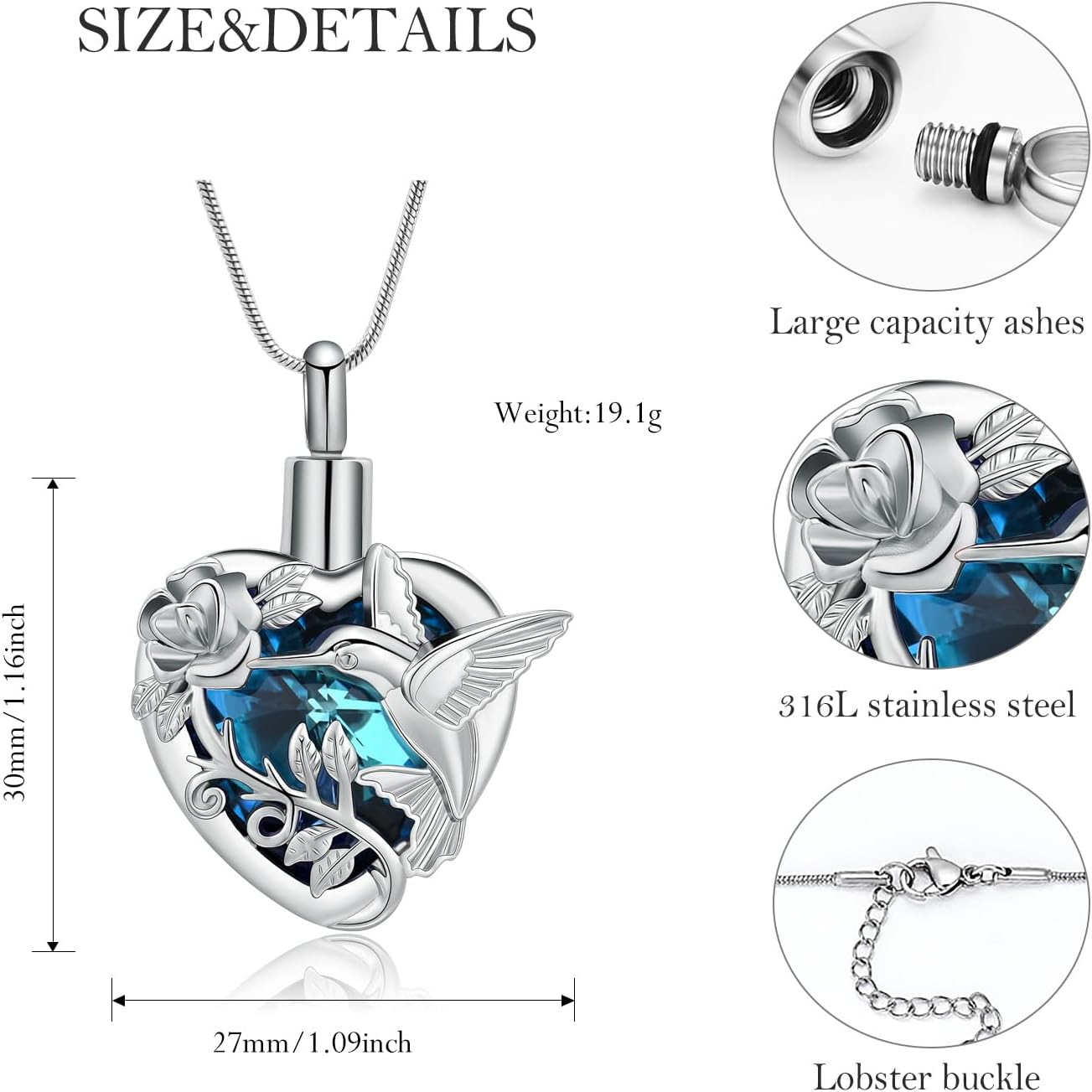 Hummingbird Urn Necklace for Ashes Heart Cremation Jewelry for Women Men Stainless Steel Memorial Necklaces Ash Holder for Human Pets Keepsake Jewelry for Loved Ones with Fill Tool - Image 2