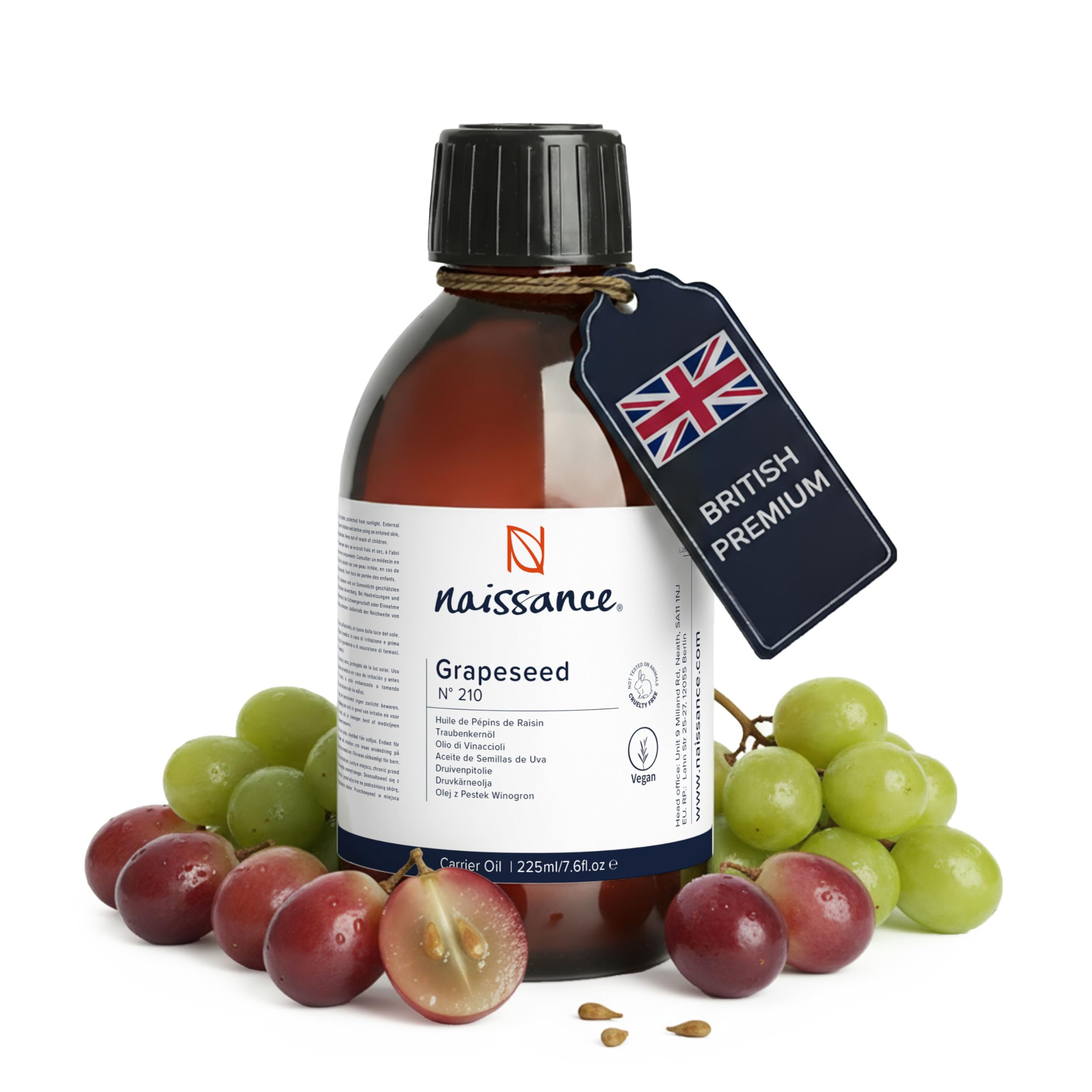 Grapeseed Oil (No. 210) - 225ml - Natural Moisturiser and Conditioner - for Hair, Skin, Massage, Face, Beard and Aromatherapy