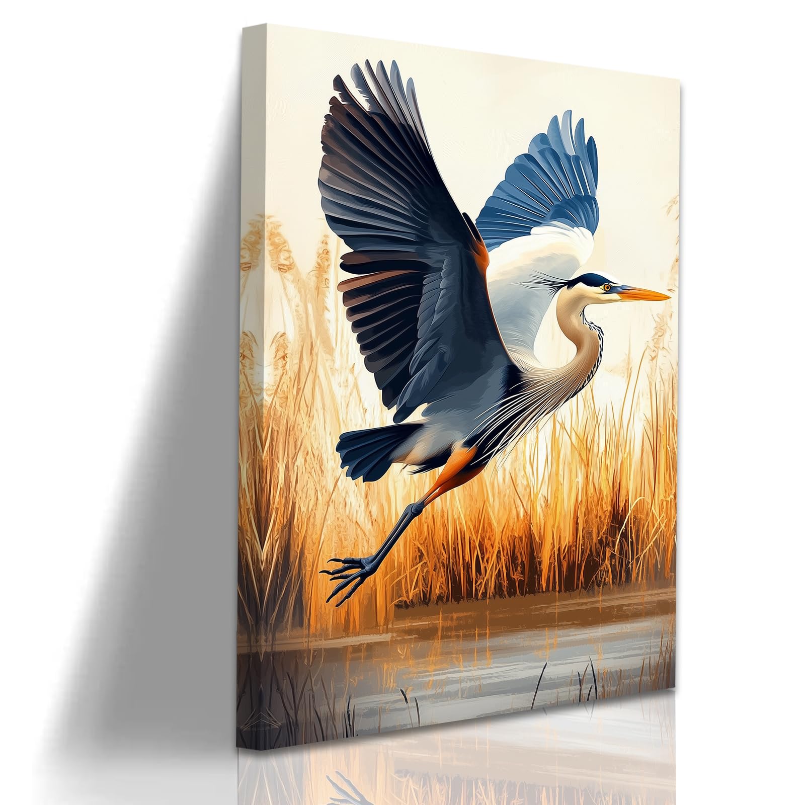 ZXHYWYM Heron Wall Art Coastal Bird Poster Crane Canvas Prints Blue Heron Picture Autumn Reeds Painting for Bathroom Home Decor Framed (Blue, (60L x 40W cm))