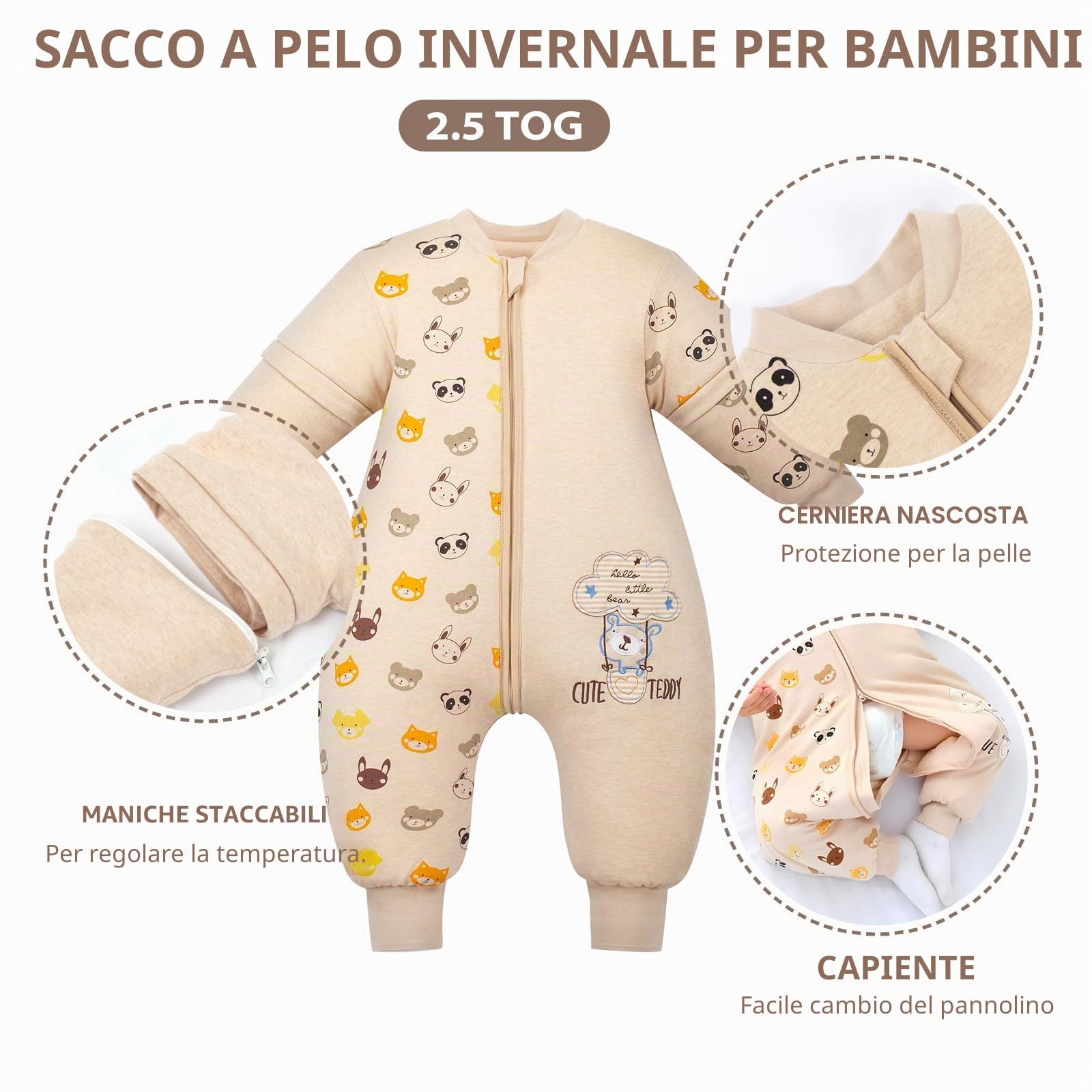 Mosebears Sacco nanna 2.5 Tog per bambino con gambe Sacco nanna per bambini foderato in caldo invernale con maniche staccabili, pigiama unisex per bambina