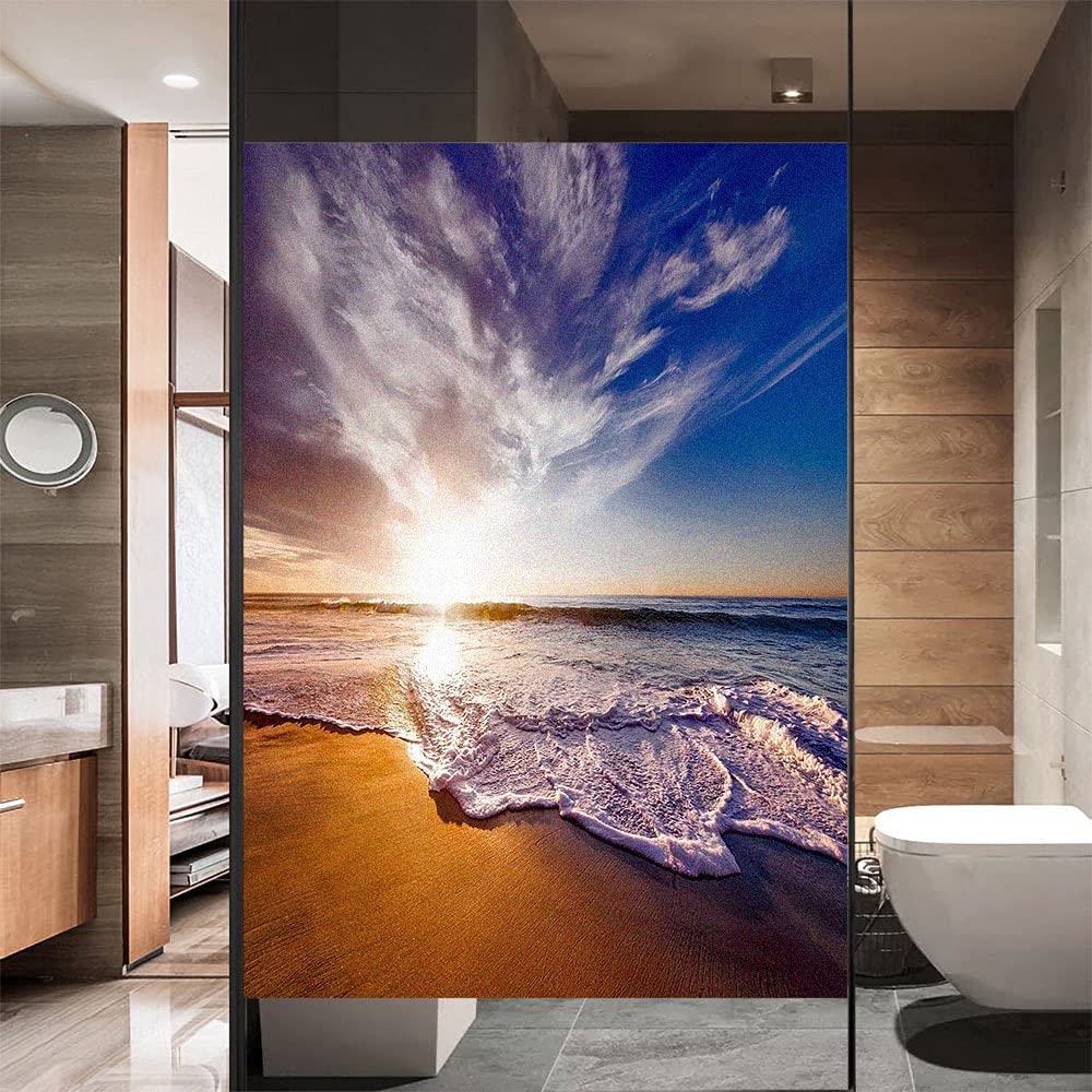 Window Film Privacy Frosted Beach Seascape Static Cling Window Stickers No Glue Window Clings UV Blocking Heat Control Window Coverings for Home/Office 29.52"x39.37"(75x100cm)