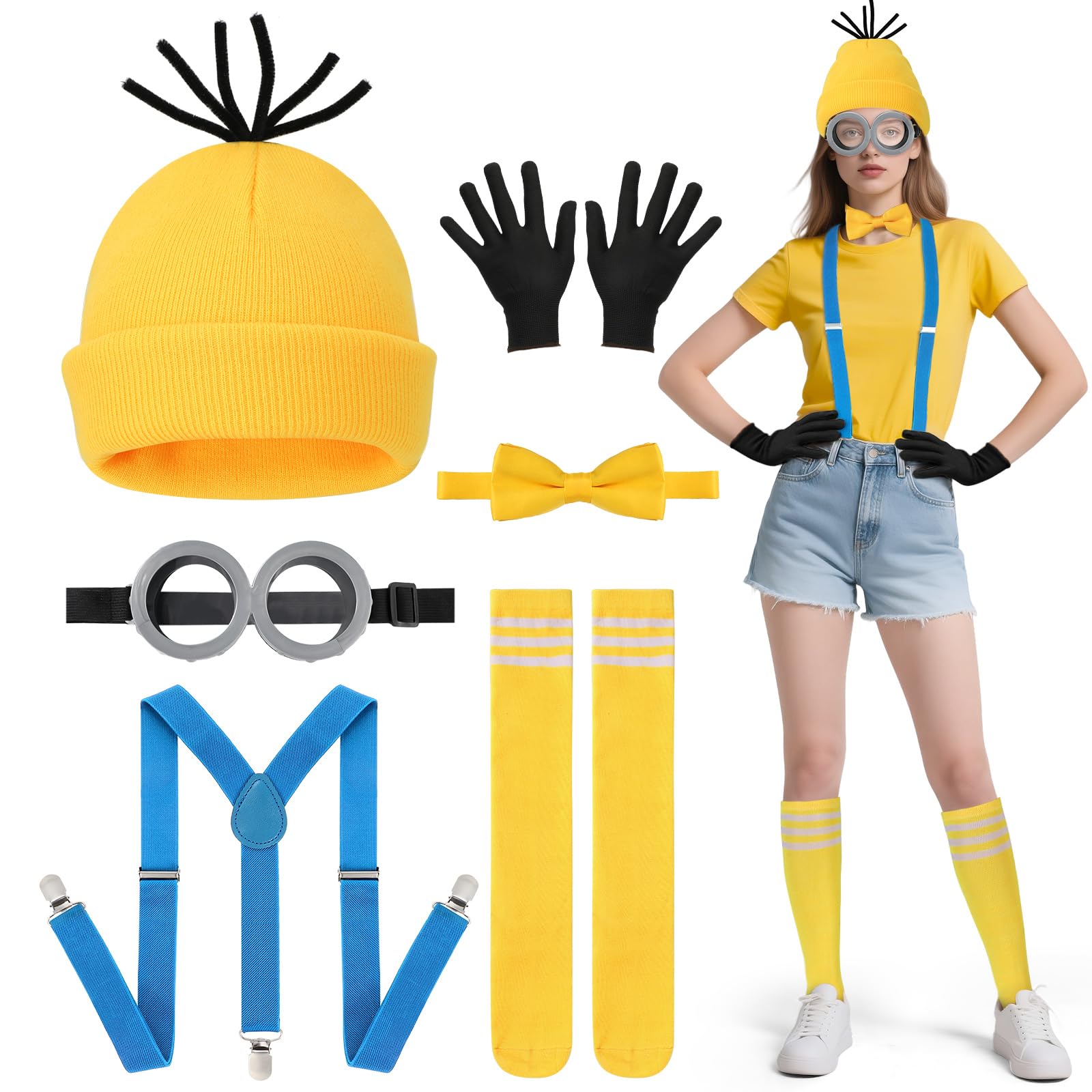 Hifot 5PCS Halloween Costume Accessories Adults, Steampunk Glasses Yellow Hat Black Gloves Suspenders Buttons, Cartoon Costume Funny Costume for Halloween Party Carnival Cosplay