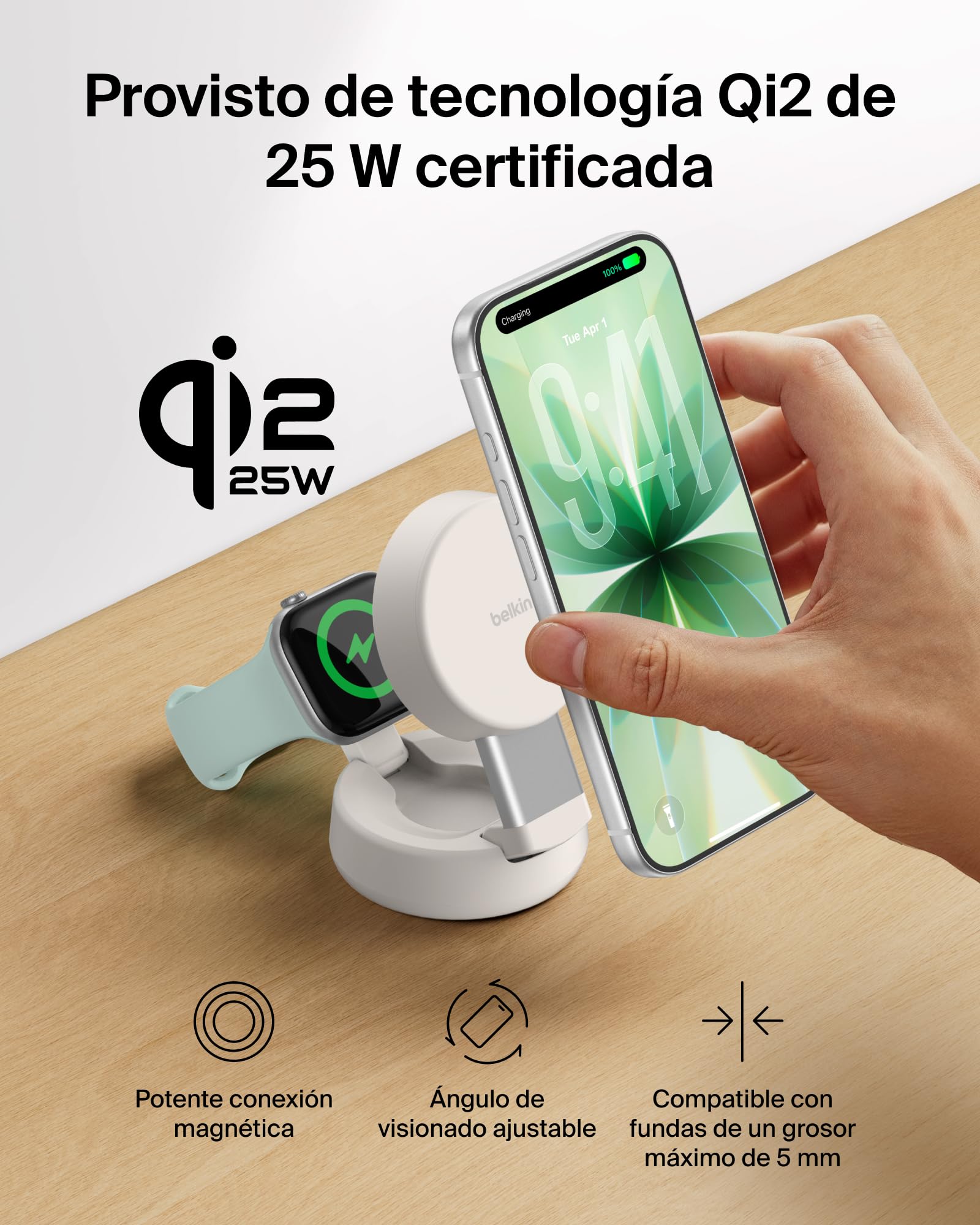 Belkin UltraCharge Pro Cargador Inalámbrico Magnético 2 en 1 Qi2 25W Arena | Convertible, Estación Magnética Carga Inalámbrica MagSafe, Certificación Qi2.2, iPhone, Apple Watch y Cascos, Adaptador 45W