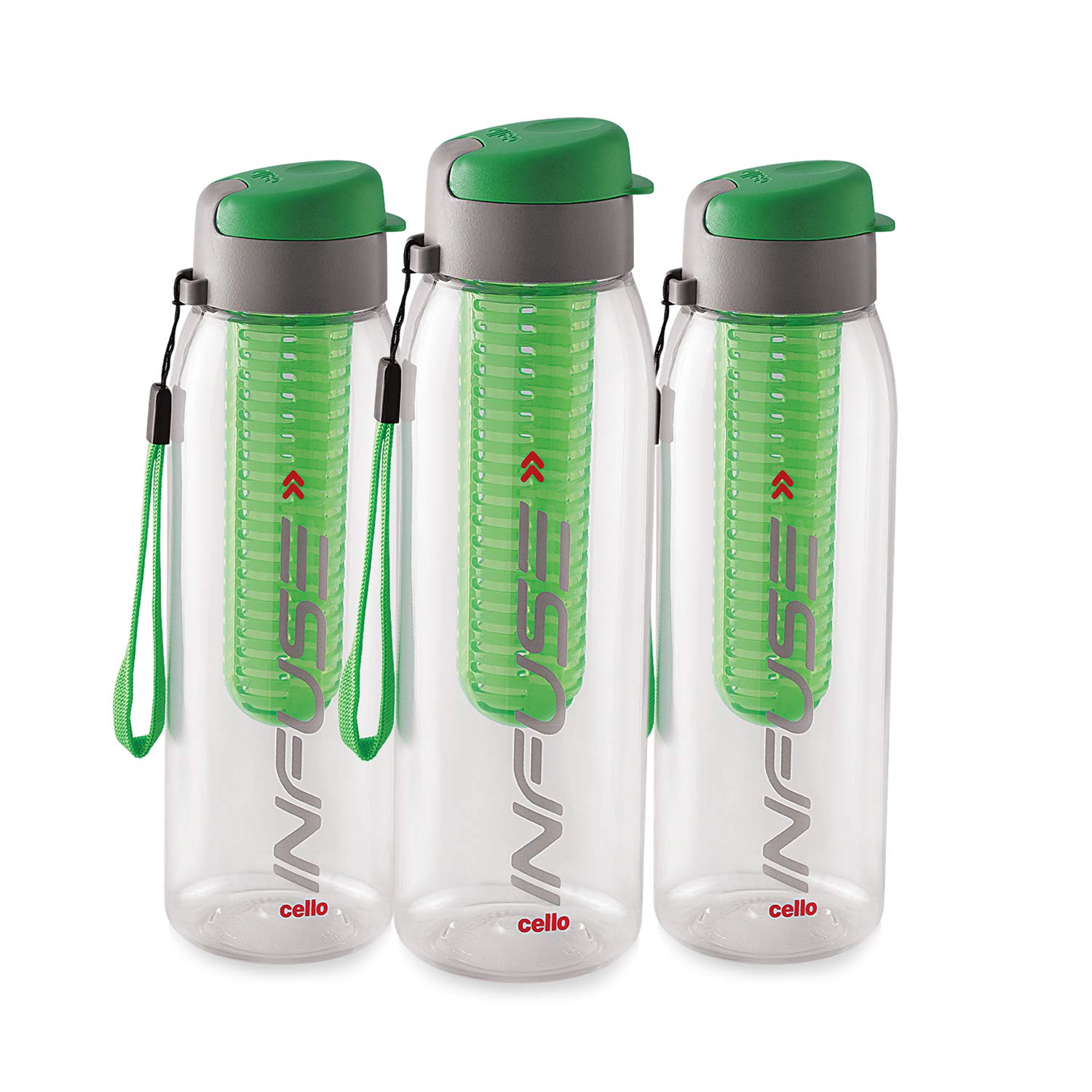 CELLO Infuse Water Bottle Set of 3, 800ml, Green | Food Grade Unbreakable Detox Bottle with Infuser Chamber | Reusable Leakproof Lightweight Easy to Carry Fridge Pet Bottle For Home, Gym & Outdoor