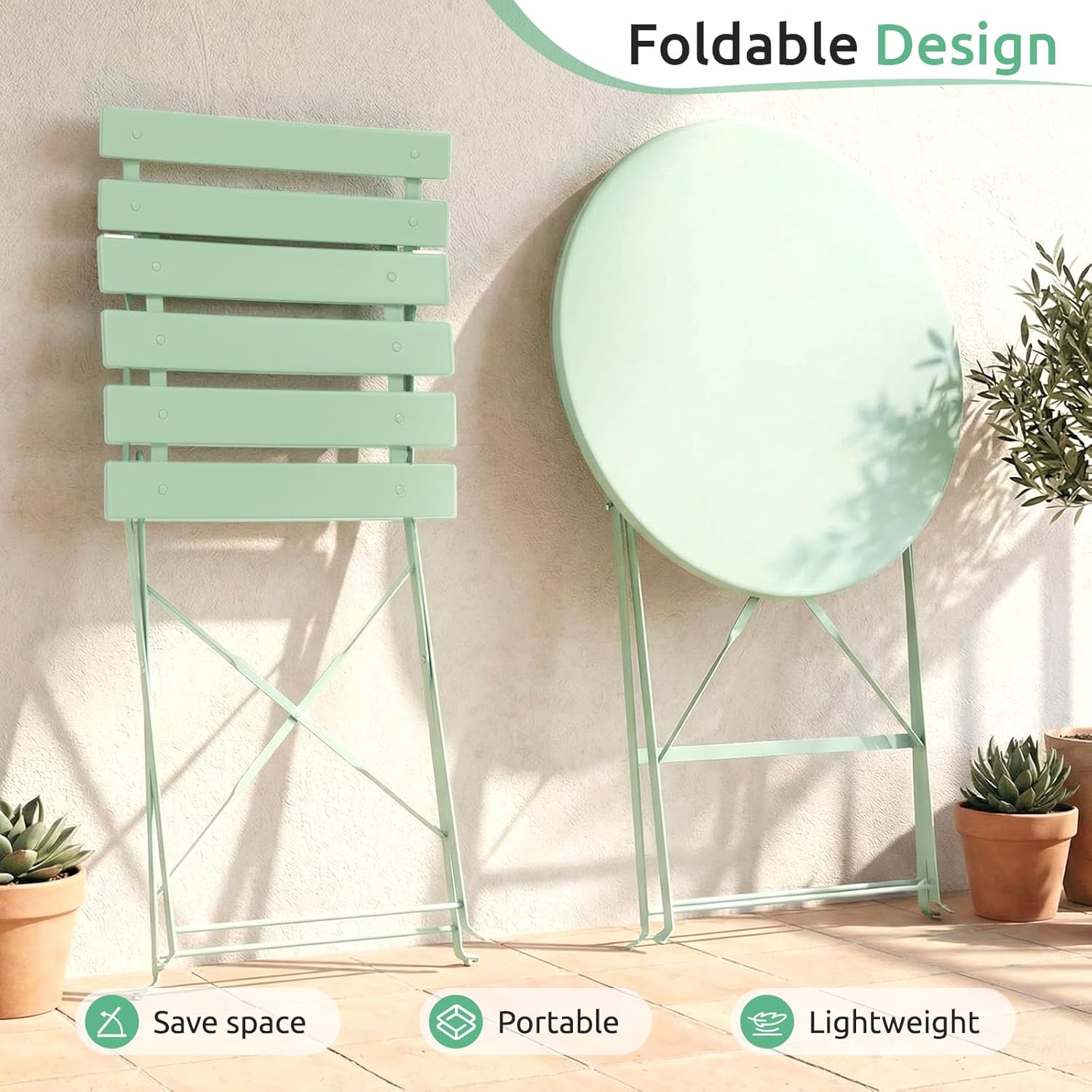 LIFERUN 3-Piece Folding Bistro Set Outdoor, Powder Coated Weatherproof Patio Furniture Set, Bistro Table and Chairs Set of 2 for Cafe, Patio, Garden, Balcony, Space Saving, Green