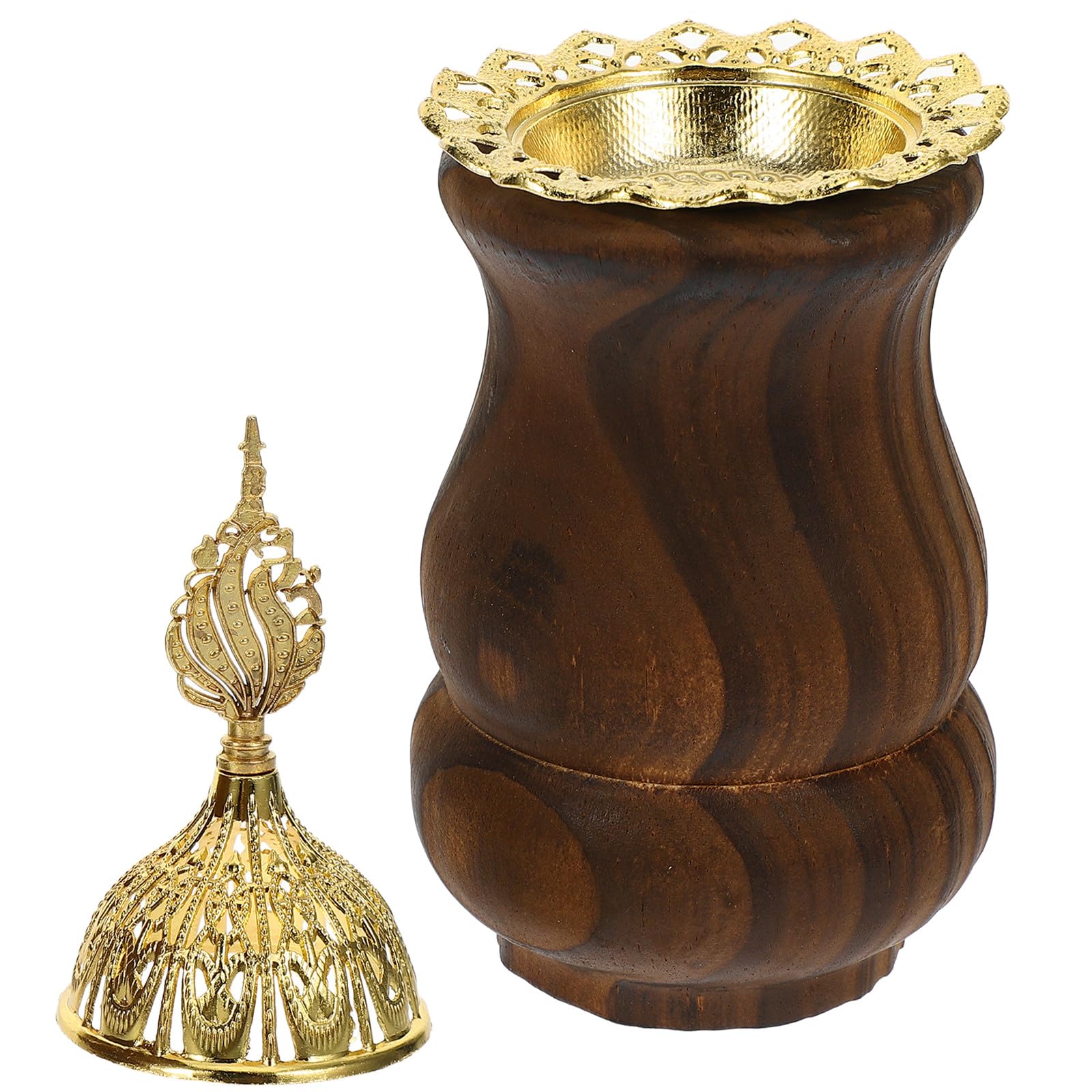Arabic Incense Burner Handheld Censer with Black Woodgrain Hollow Temple Top, Indoor Incense Holder for Cones, Home Fragrance Decor