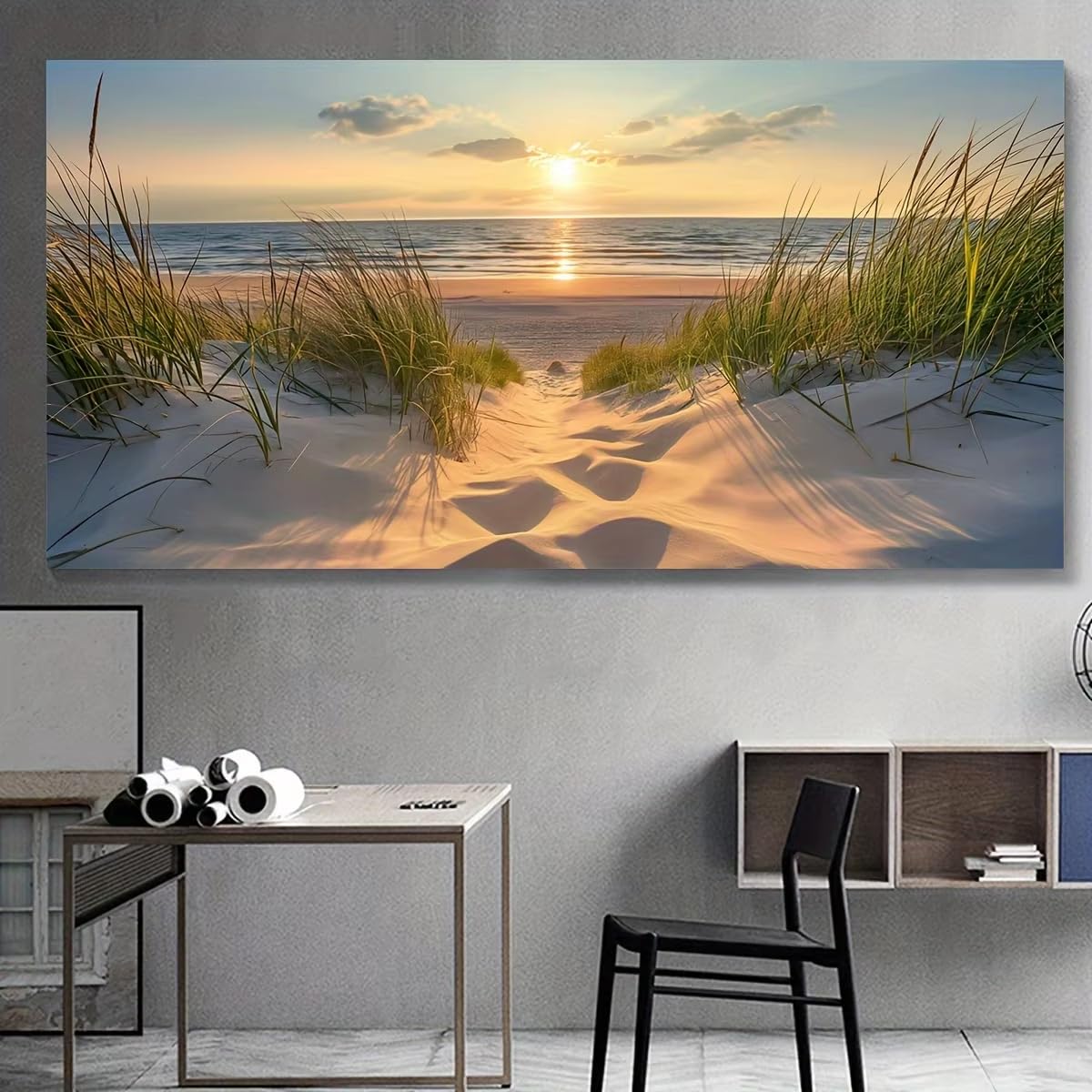 AEFOUU Beach Sunset Wall Art Posters Large Landscape Canvas Painting Print Nordic Wall Decoration Picture for Home Decor(40x80cm/16x32in/Frameless)