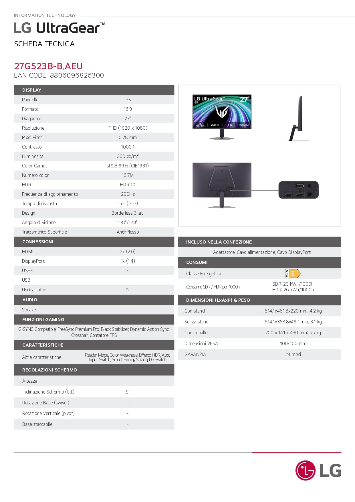 LG UltraGear 27G523B Monitor Gaming 27" FHD (1920 x 1080), 200Hz, 1ms (GtG), 16:9, G-Sync, FreeSync, HDR 10, HDMI 2.0, DisplayPort, Nero