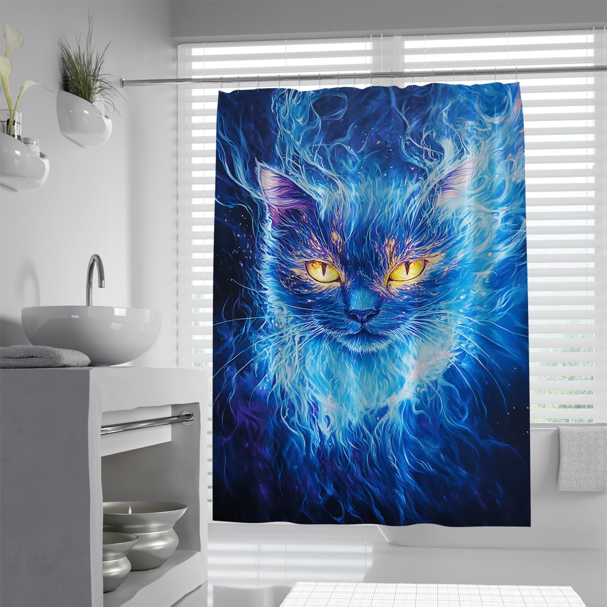 UIRINGART Blue Flame Cat Shower Curtain W90xL180cm Mystical Fire Kitten Print Polyester Anti-mould Lightweight Machine Washable Hotel Bath Curtain with Hooks