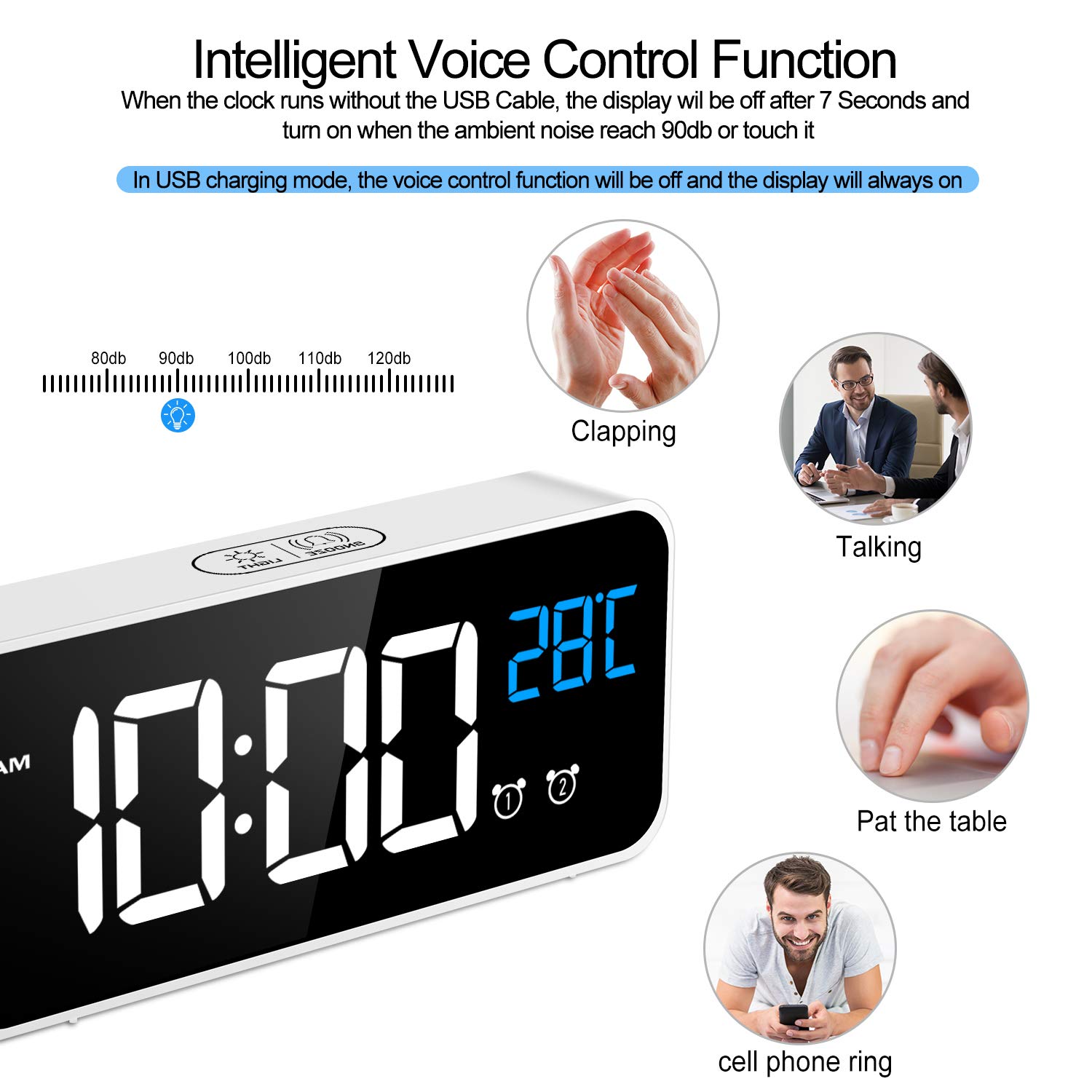MOSUO Sveglia Digitale, Sveglia da Comodino con Temperatura e LED Grande Schermo, Orologio a Specchio con 2 Allarme, Snooze, Suoni e Luminosità Regolabile, Controllo Vocale, USB Ricaricare, Bianca