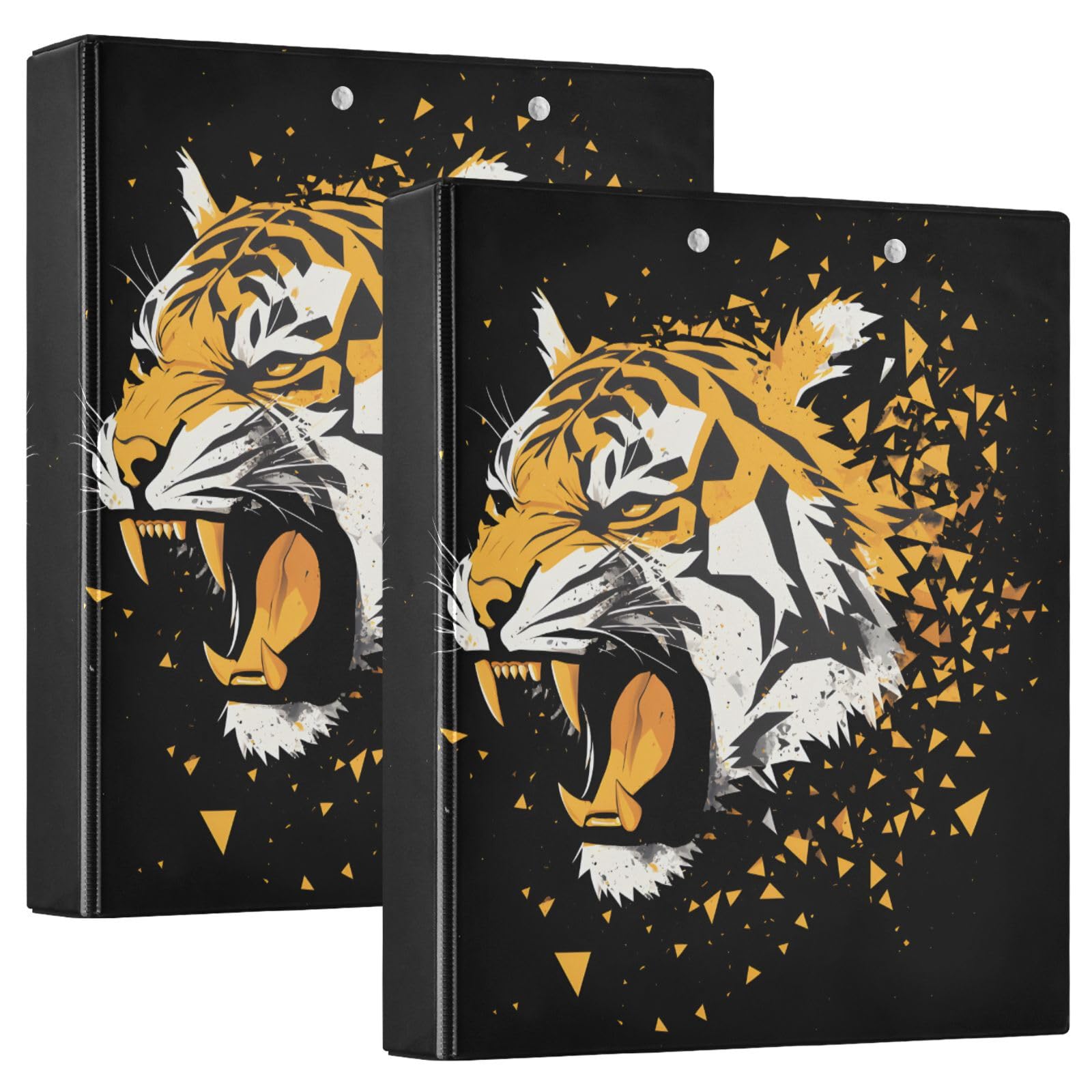 Confezione da 2 raccoglitori a 3 anelli, motivo tigre arrabbiata, 3,8 cm, con 3 tasche trasparenti, portablocco e contiene 200 fogli, per ufficio, scuola, organizzazione domestica