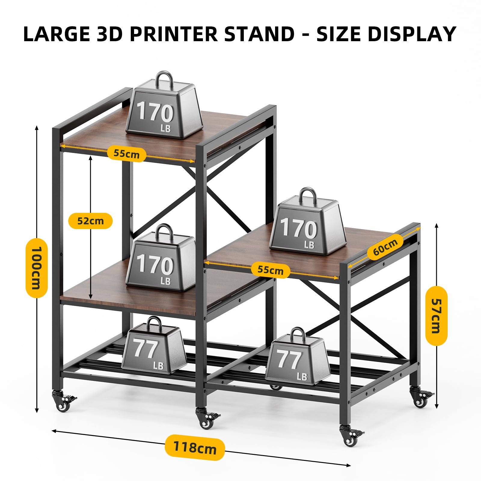 3D-Druckertisch mit Filament Regal, Schwerlast Drucker-Arbeitsstation für 3 Drucker,mit Metal-Rollen,Extrem Stabil