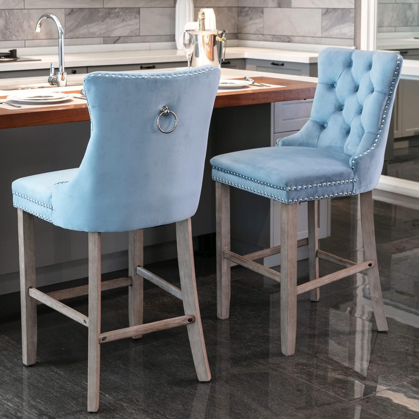 Bar Chairs Set of 2, Velvet Upholstered Bar Stools with