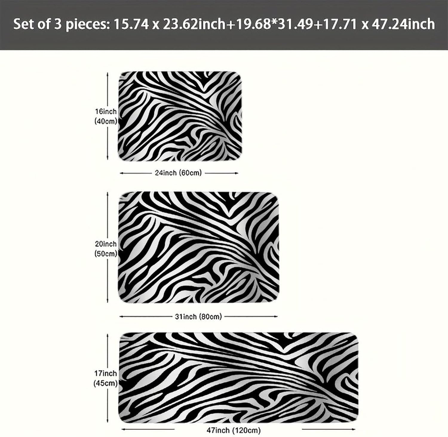 Zebra Print Kitchen Rugs Sets of 3 Non Slip Kitchen Mats for Floor Farmhouse Kitchen Sink Mat Thick Comfort Standing Mat for Laundry Room Hallway Bathroom