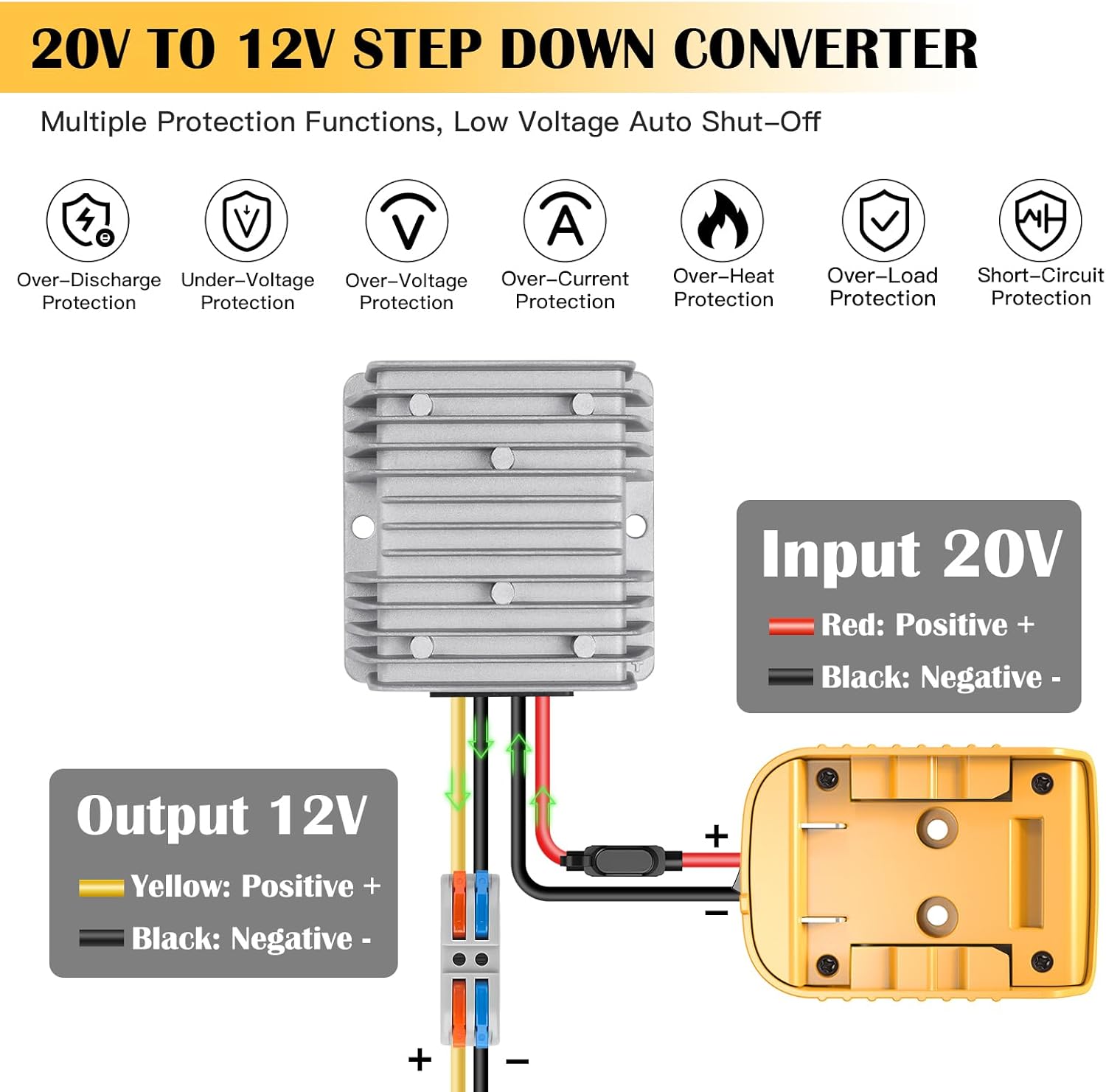 20V to 12V Step Down Converter for Dewalt 20V Battery, 240W DC Voltage Regulator with Over-Discharge Protection, Power Converter Adapter with Switch for Power Wheel Battery Adapter, DIY RC Toy Cars - Image 3
