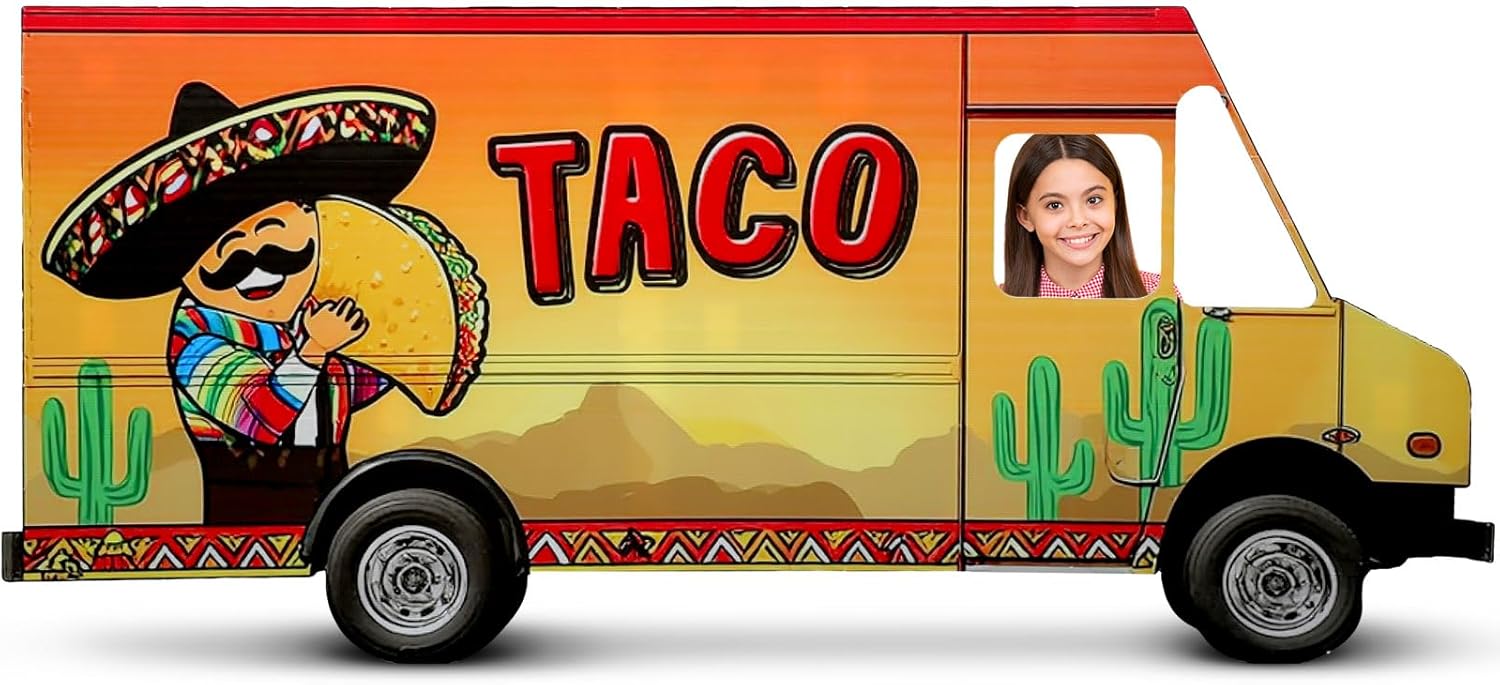 BreezeHug 6 ft Mexico Taco Truck Cardboard Cutout Stand-up Mexico Cinco De Mayo Themed Party Decor Taco Food Truck Life Size Photo Props Standee Backdrop for Fiesta Theme Party Supplies