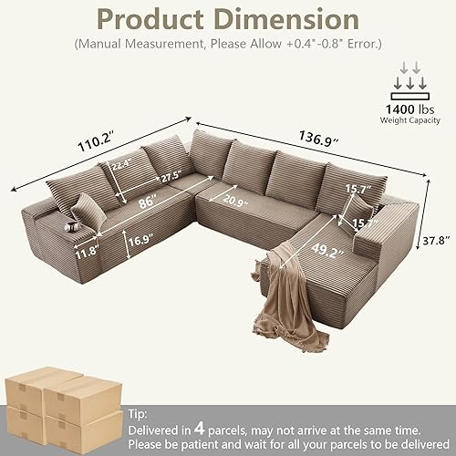 Miniatura 2 de Sofá modular Cloud con diván en forma de L, moderno sofá modular y cómodo con asiento profundo, sofás tapizados de pana estupendos sofás en forma de