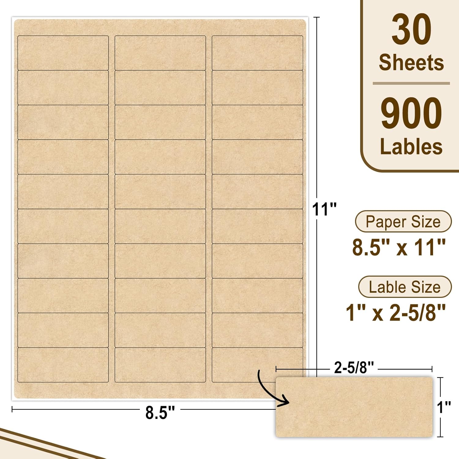 NATURALABEL 30 Sheets Printable Kraft Address Labels for Laser & Inkjet Printers, 1" x 2-5/8" - 30 per Page, Self-Adhesive Mailing Labels, Matte - Image 2