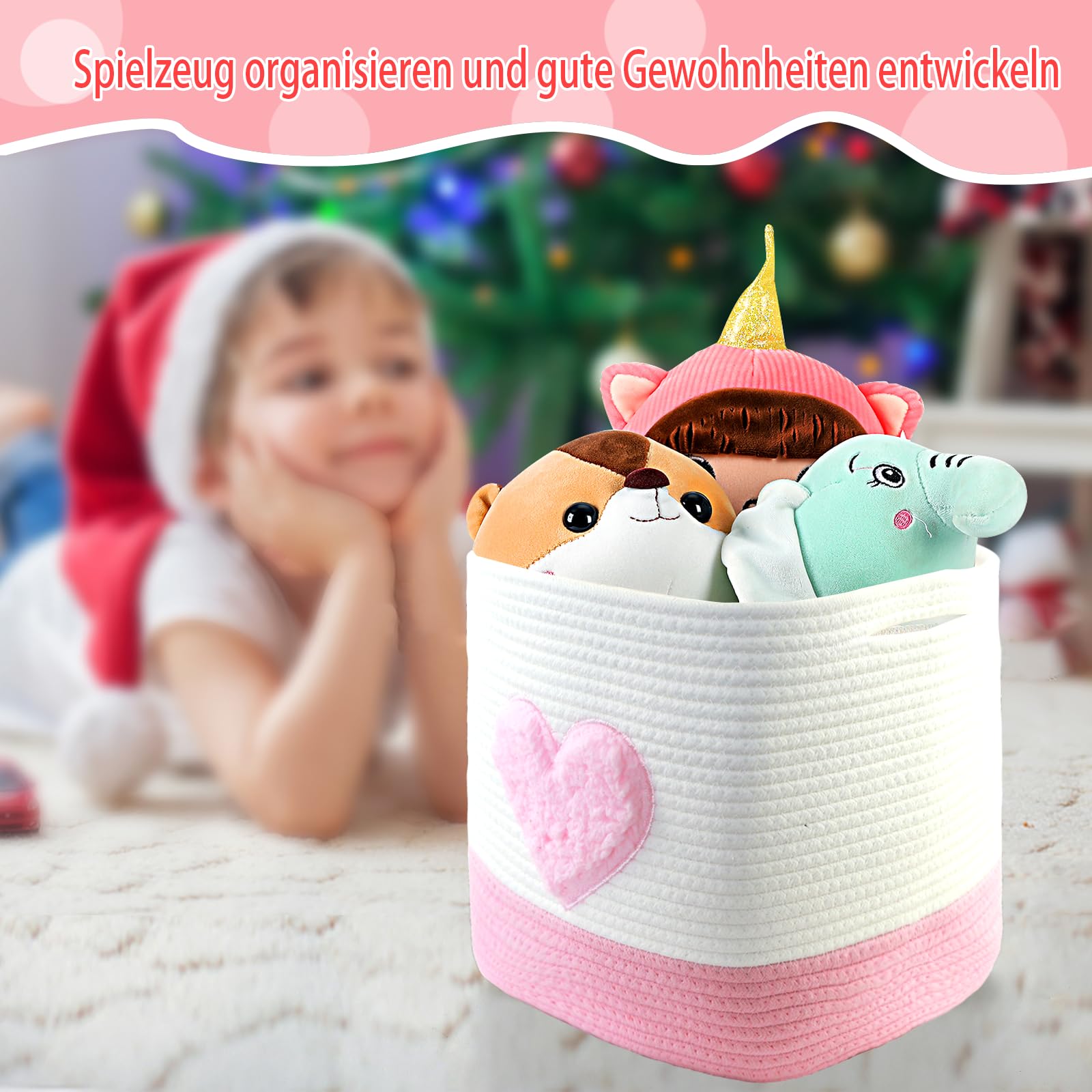 Cestini portaoggetti, 28 x 28 x 28 cm, quadrati intrecciati in corda di cotone, piccoli cestini intrecciati per la selezione, per cameretta dei bambini, uffici, decorativi. (set da 2, cuori rosa)