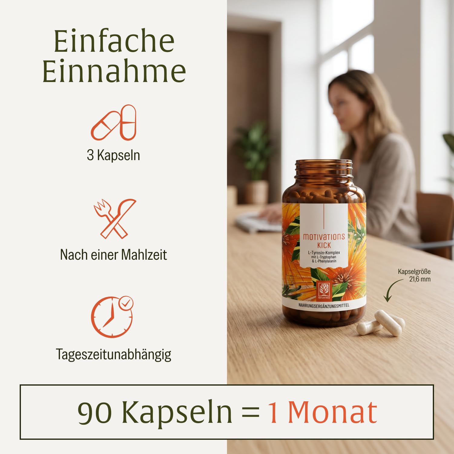 NATURTREU® Motivationskick - 500mg L-Tryptophan Kapseln | kombiniert mit L-Tyrosin & L-Phenylalanin - Vorteilsbundle 5er Paket - Vegan und in Deutschland produziert - Bausteinkomplex