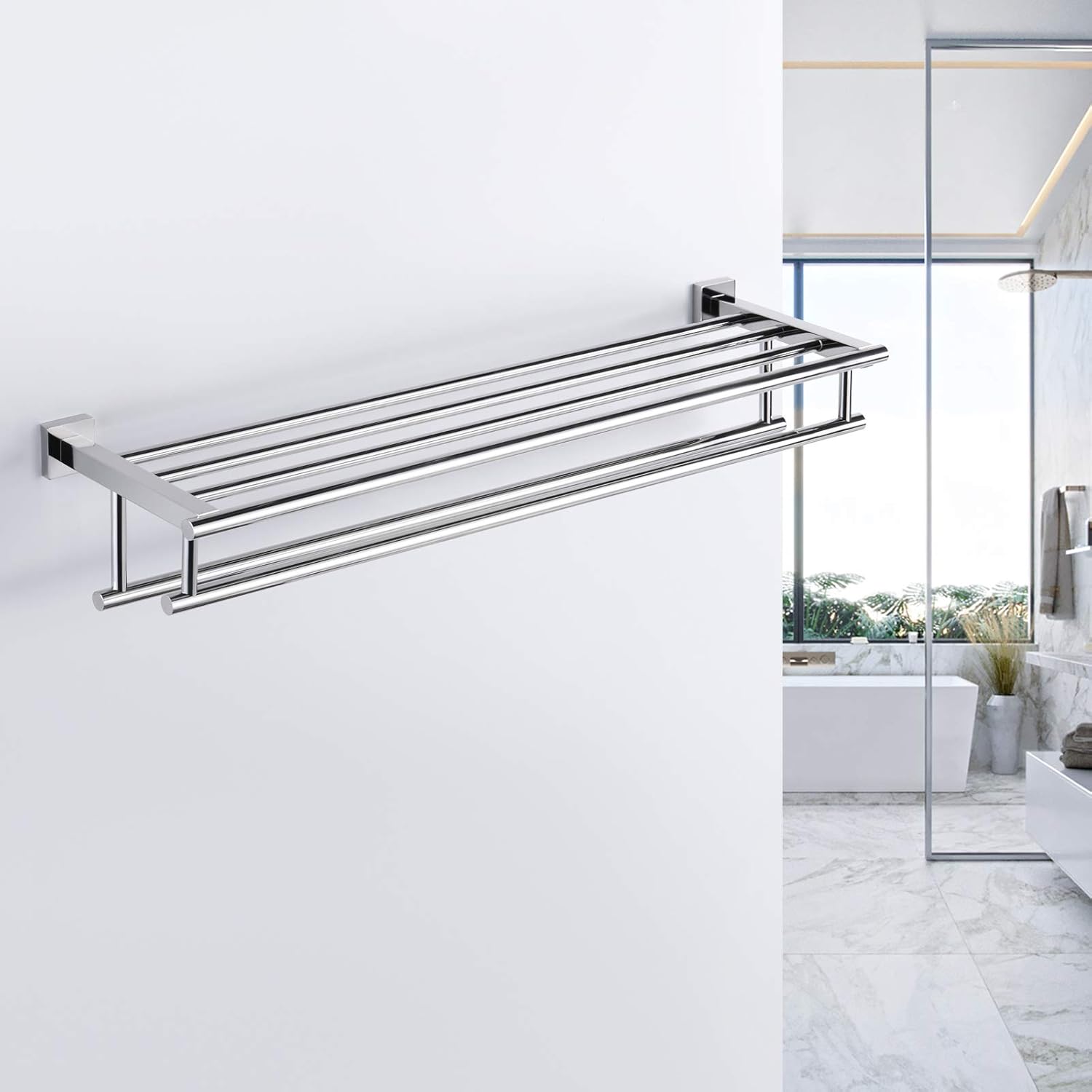 Amаzоn Crаzу 🔥 Dеаlѕ KES Large Towel Rack, Towel Shelf with Two Bar (30 Inch Stainless Steel) Shower Organizer Modern Square Style Wall Mount Polished Finish, A2112S75
