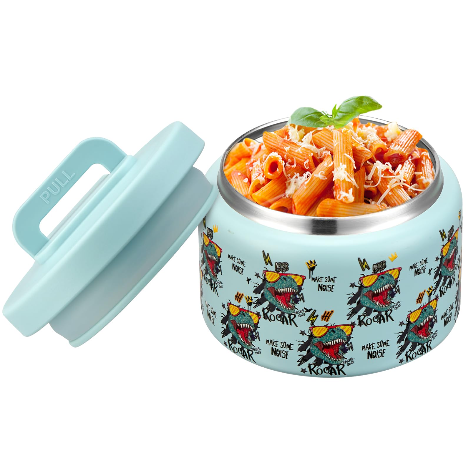 PIQUEBAR Easy Open Wide Mouth Thermo for Hot Cold Food for Preschool Travel (Blue Dinosaur)
