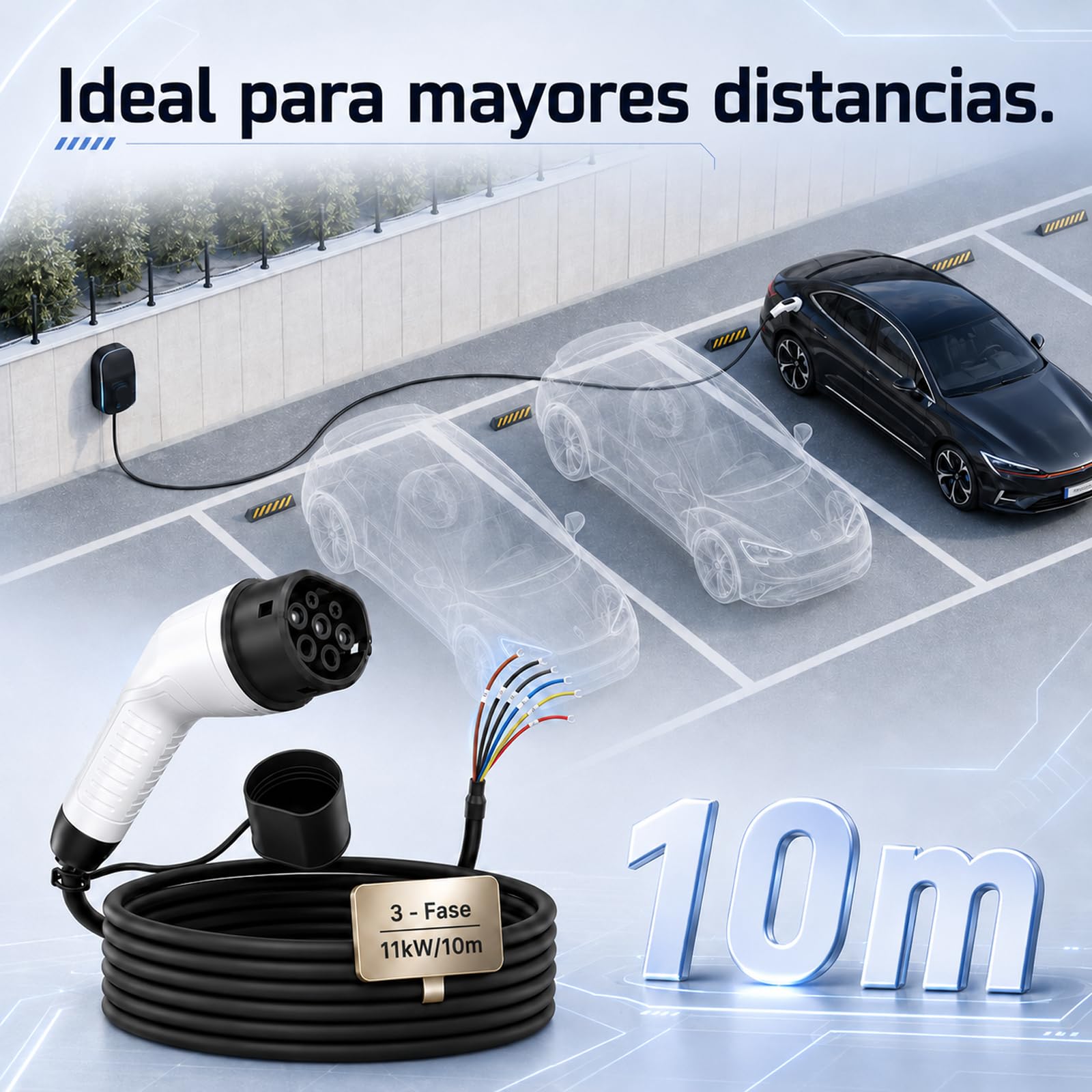 Cable de Carga Tipo 2 de Extremo Abierto 11kW 10m 16A para Wallbox Cable de reemplazo para estación de Carga